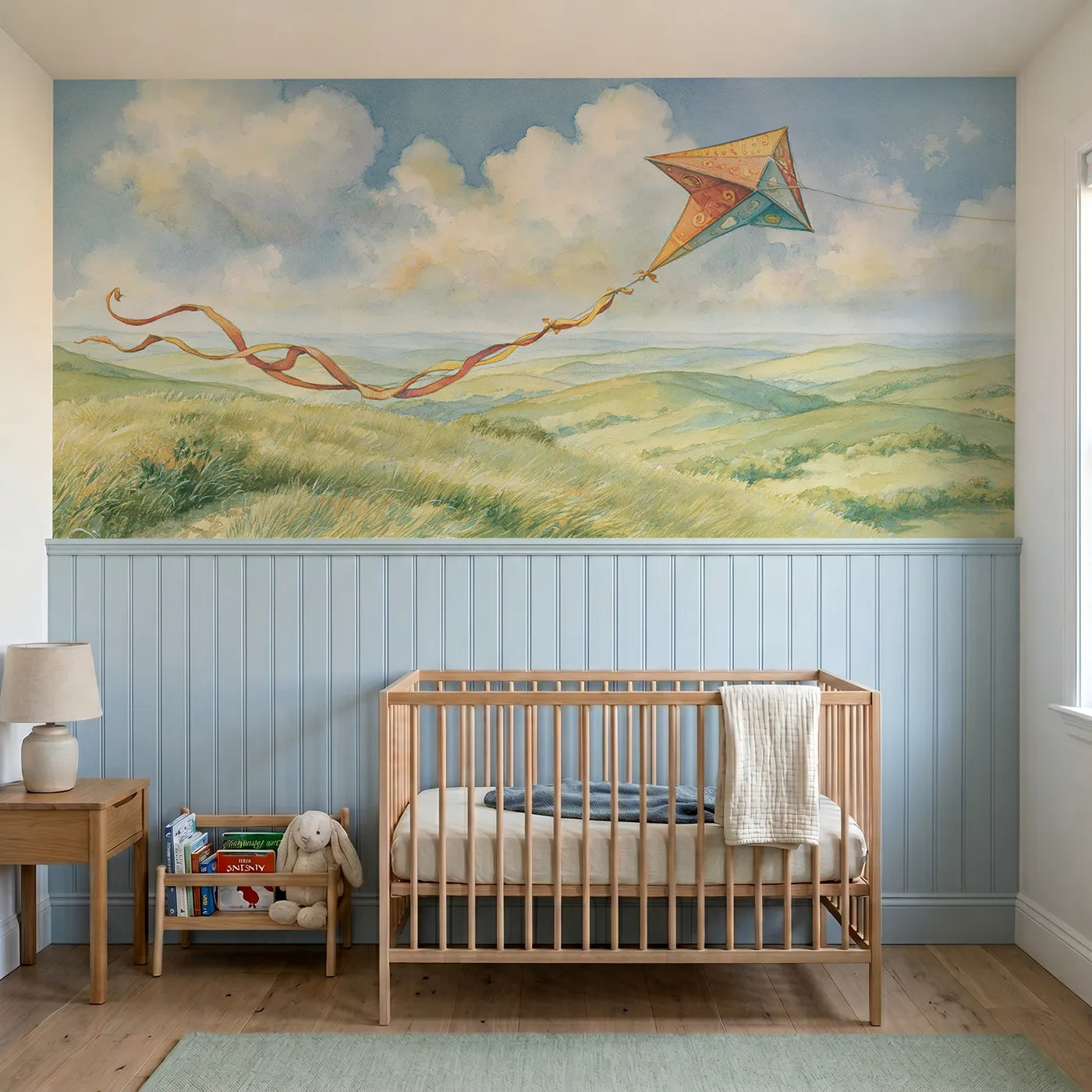 Storybook wainscoting wallpaper of a box kite climbing the breeze by Whimsy Tots