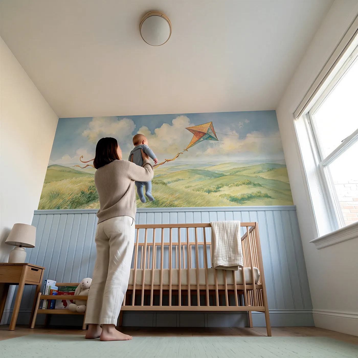Child reading near Box Kite Bright Breeze Wainscoting Wallpaper by Whimsy Tots