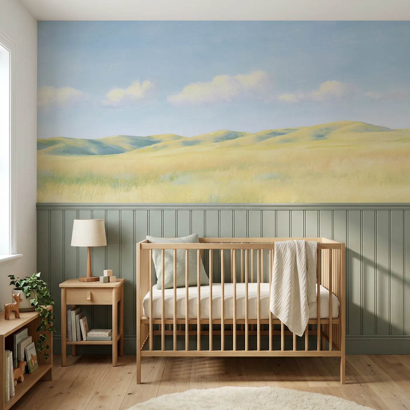 Soft pastel wainscoting wallpaper of a cloud bunny with duckling puffs by Whimsy Tots