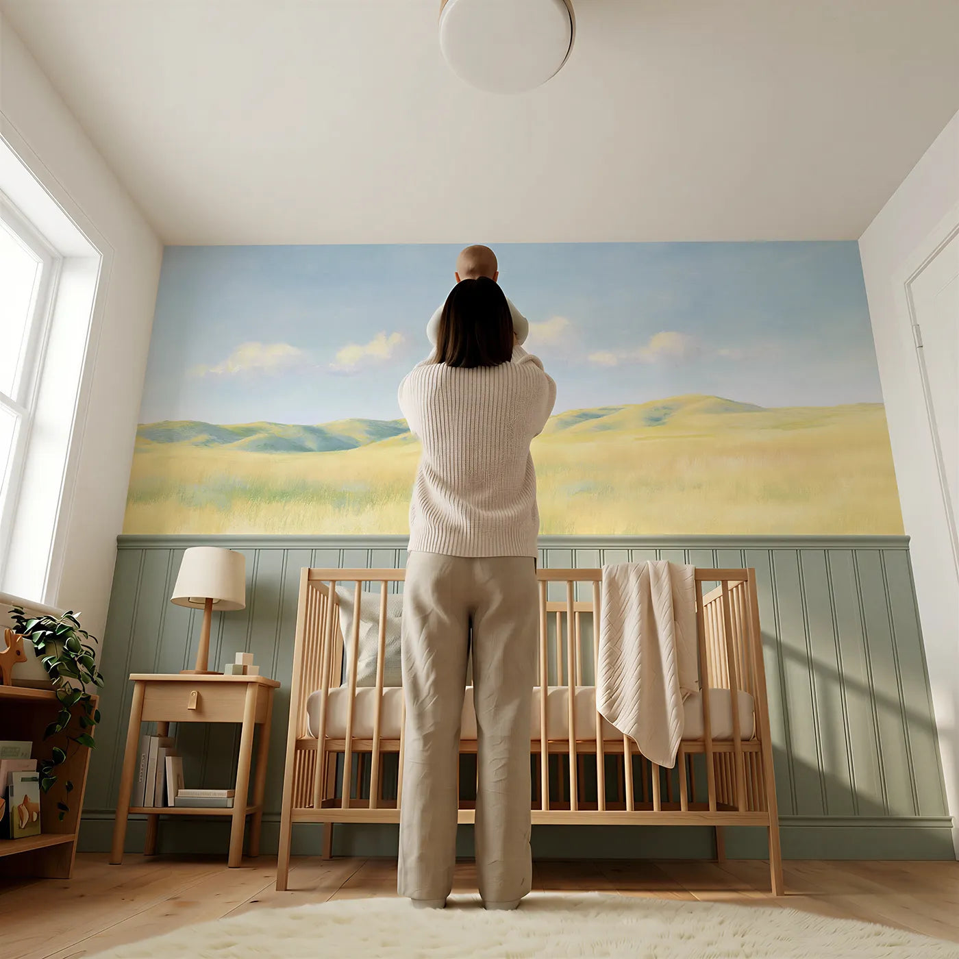 Child reading near Cloud Bunny Little Ducklings Wainscoting Wallpaper by Whimsy Tots