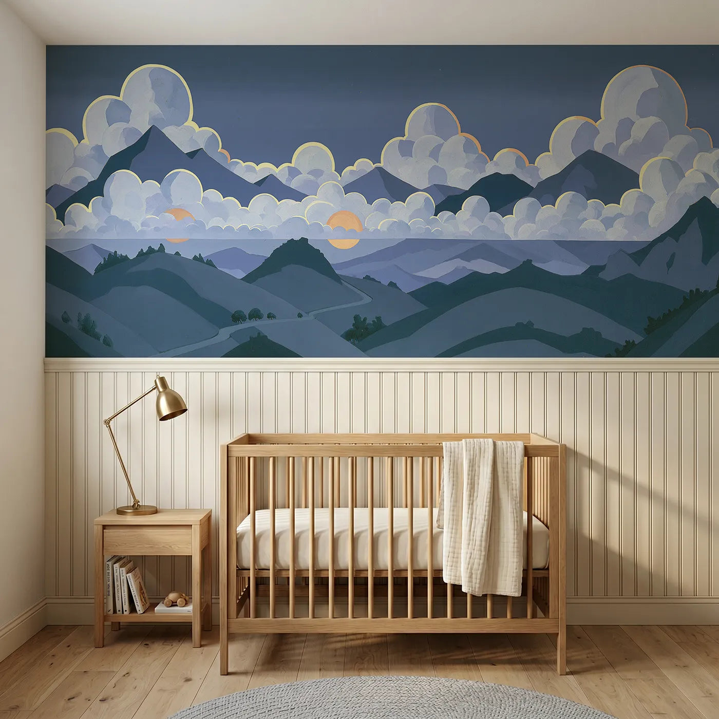 Modern illustration wainscoting wallpaper of night clouds over hills by Whimsy Tots