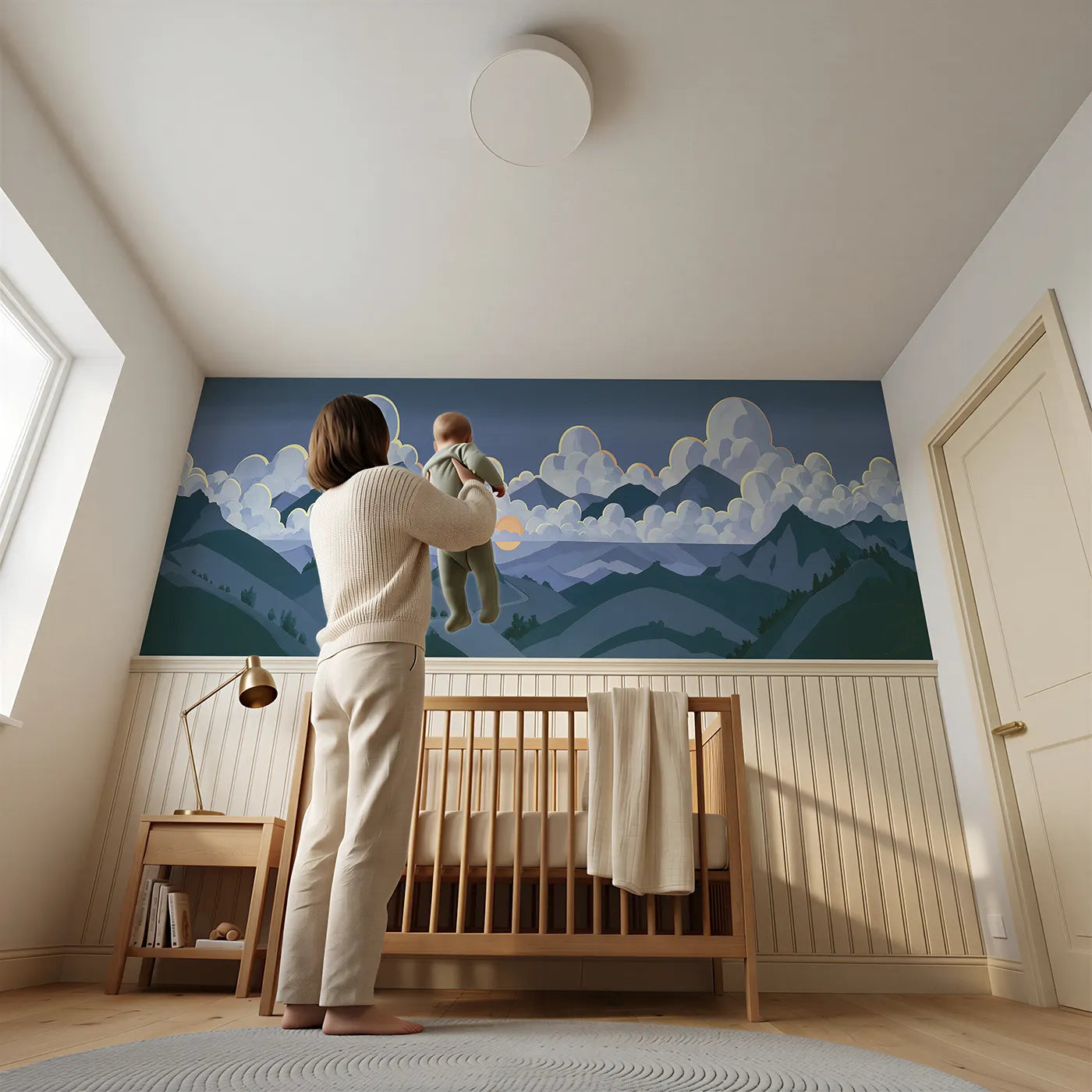 Child reading near Night Clouds Over Hills Wainscoting Wallpaper by Whimsy Tots