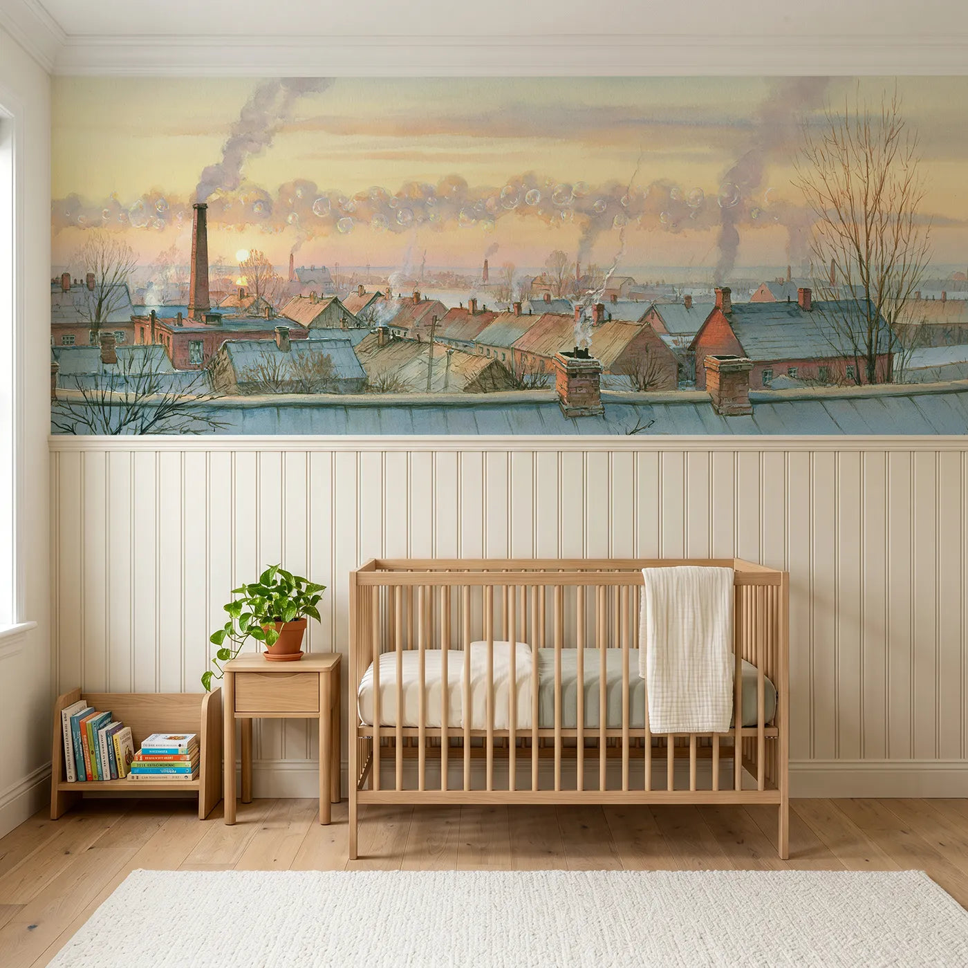 Storybook wainscoting wallpaper of bubbles over village rooftops by Whimsy Tots