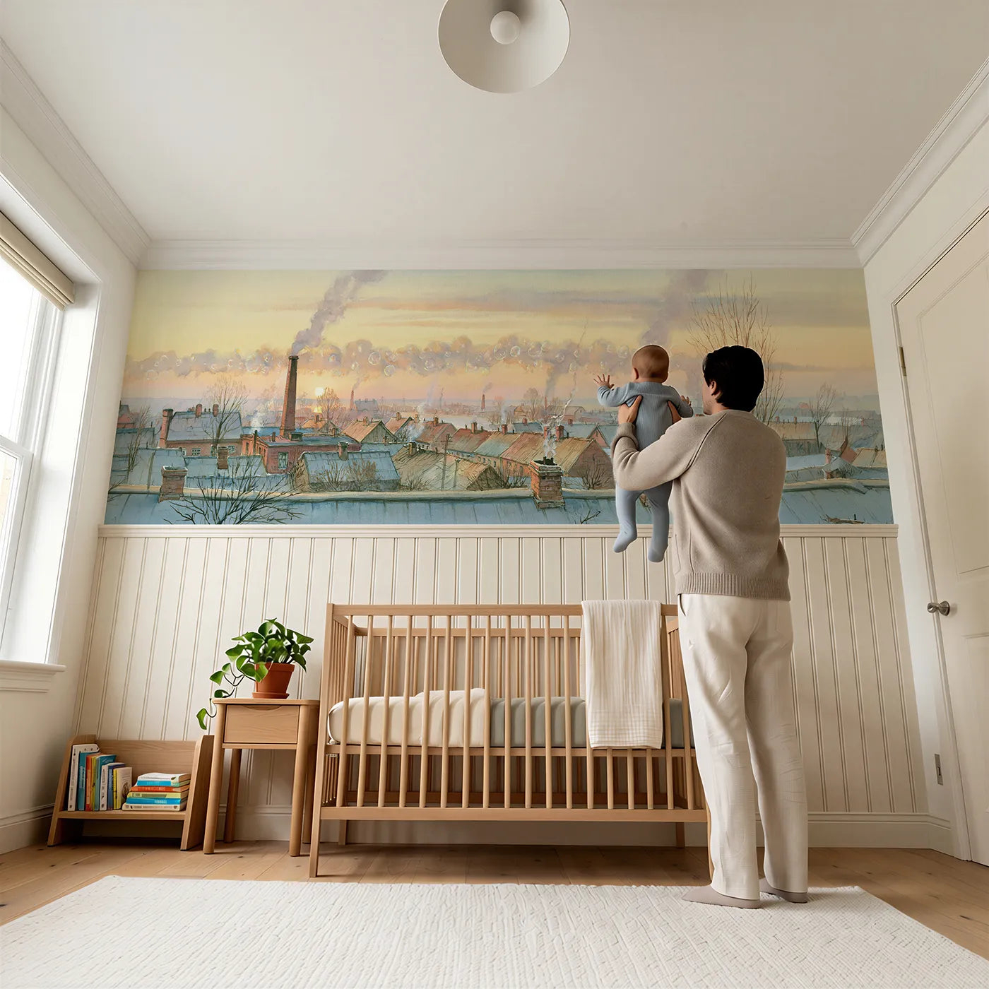 Child reading near Bubbles Over Rooftops Dawn Wainscoting Wallpaper by Whimsy Tots