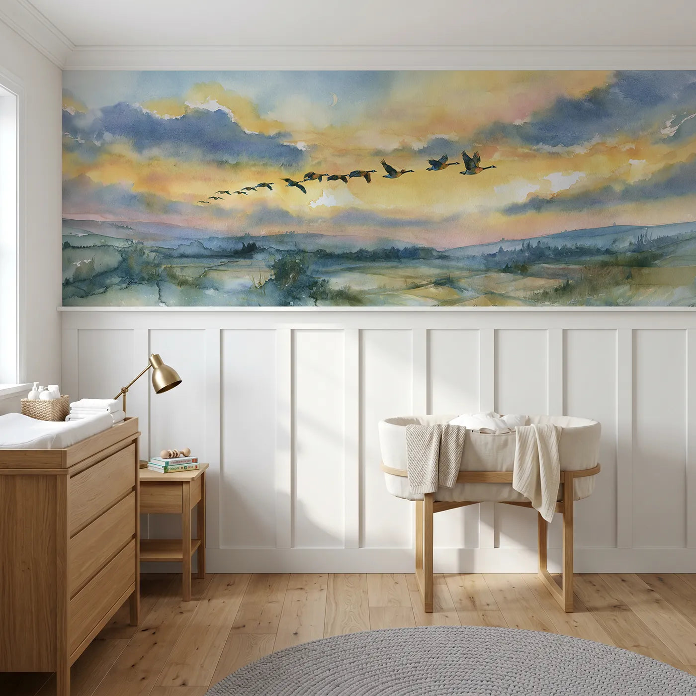 Watercolor wainscoting wallpaper of geese crossing a moonlit sky by Whimsy Tots