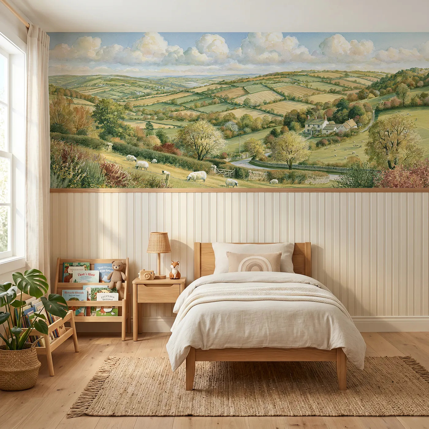 Storybook wainscoting wallpaper of patchwork fields under clouds by Whimsy Tots