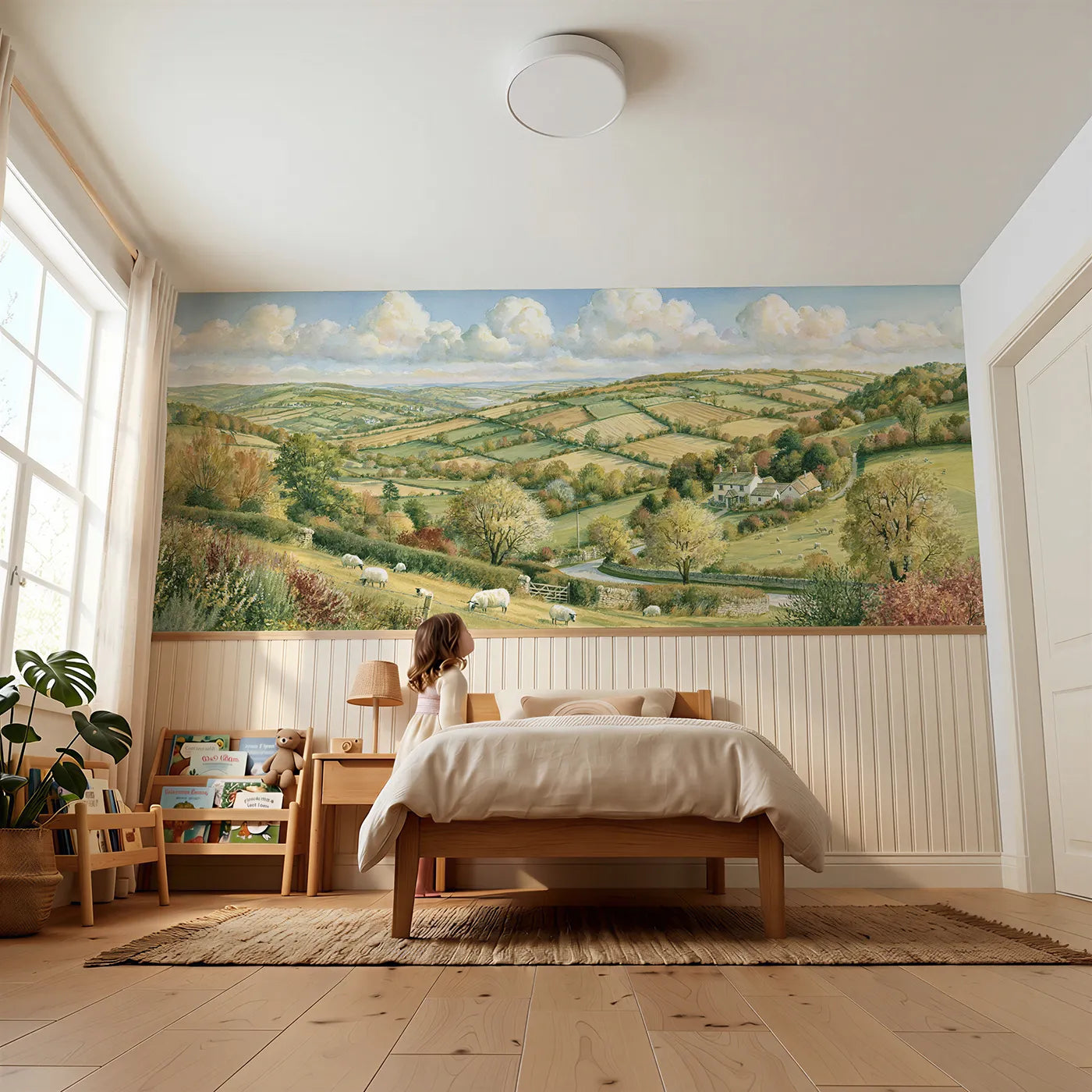 Child reading near Patchwork Fields Under Clouds Wainscoting Wallpaper by Whimsy Tots