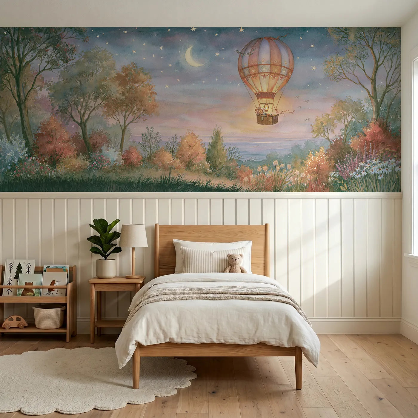Storybook wainscoting wallpaper of a balloon landing under starlight by Whimsy Tots