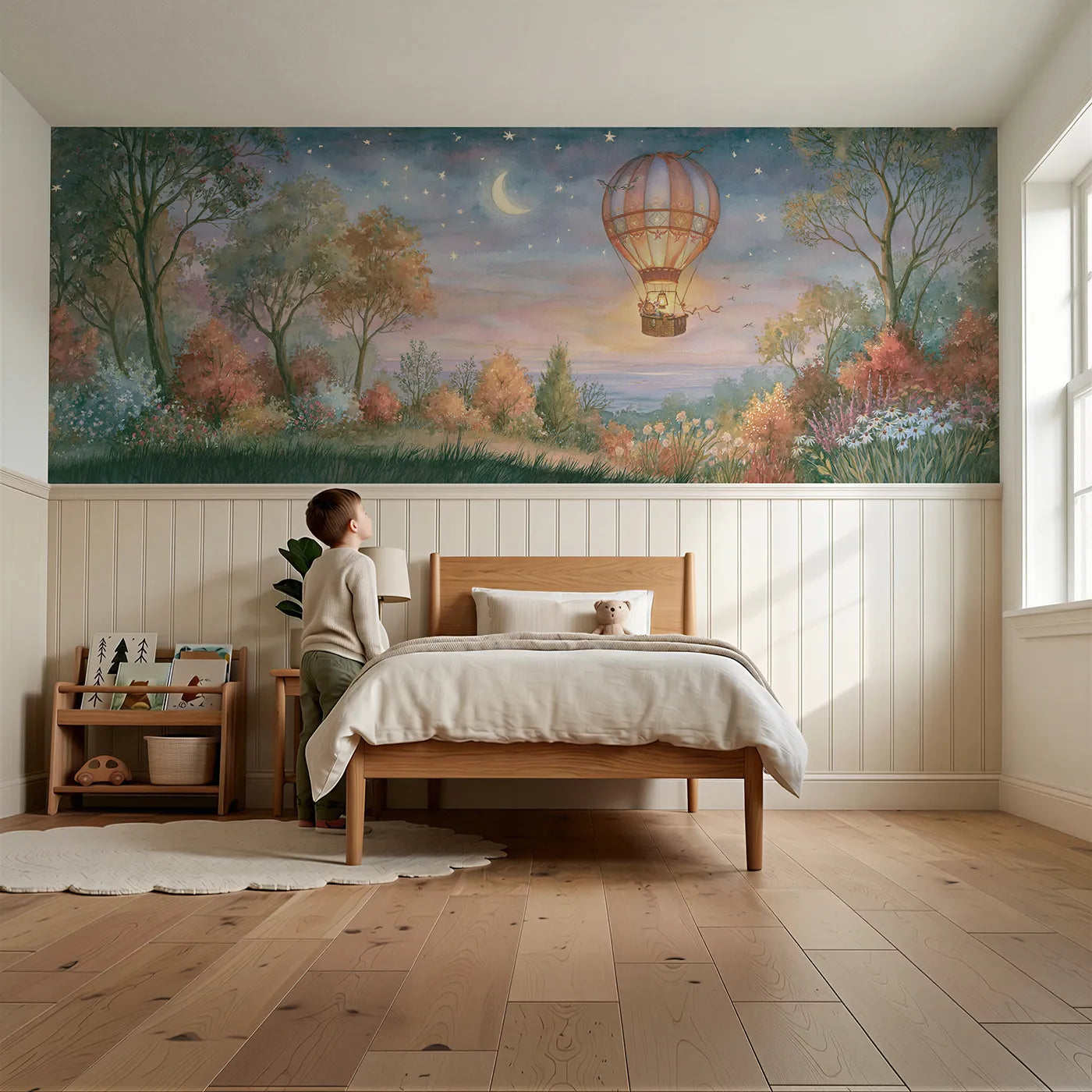 Child reading near Balloon Coming Home Stars Wainscoting Wallpaper by Whimsy Tots