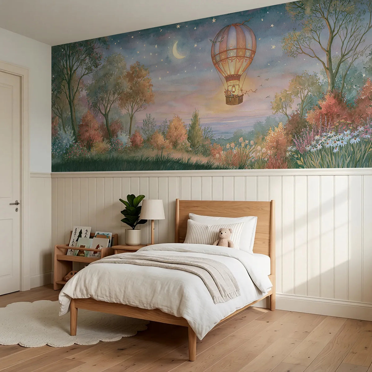 Balloon Coming Home Stars Wainscoting Wallpaper styled in a kids room by Whimsy Tots