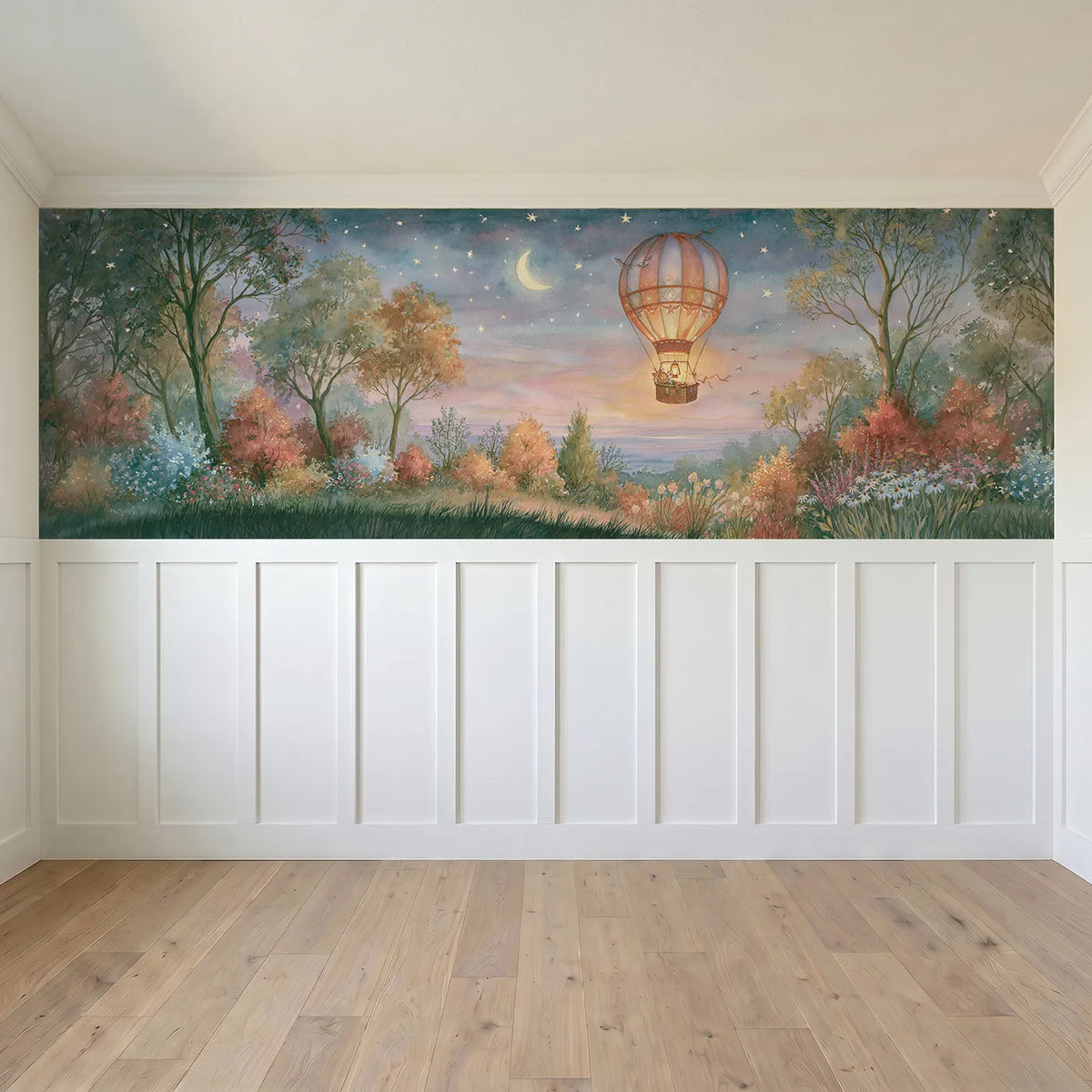 Full panel view of Balloon Coming Home Stars Wainscoting Wallpaper by Whimsy Tots