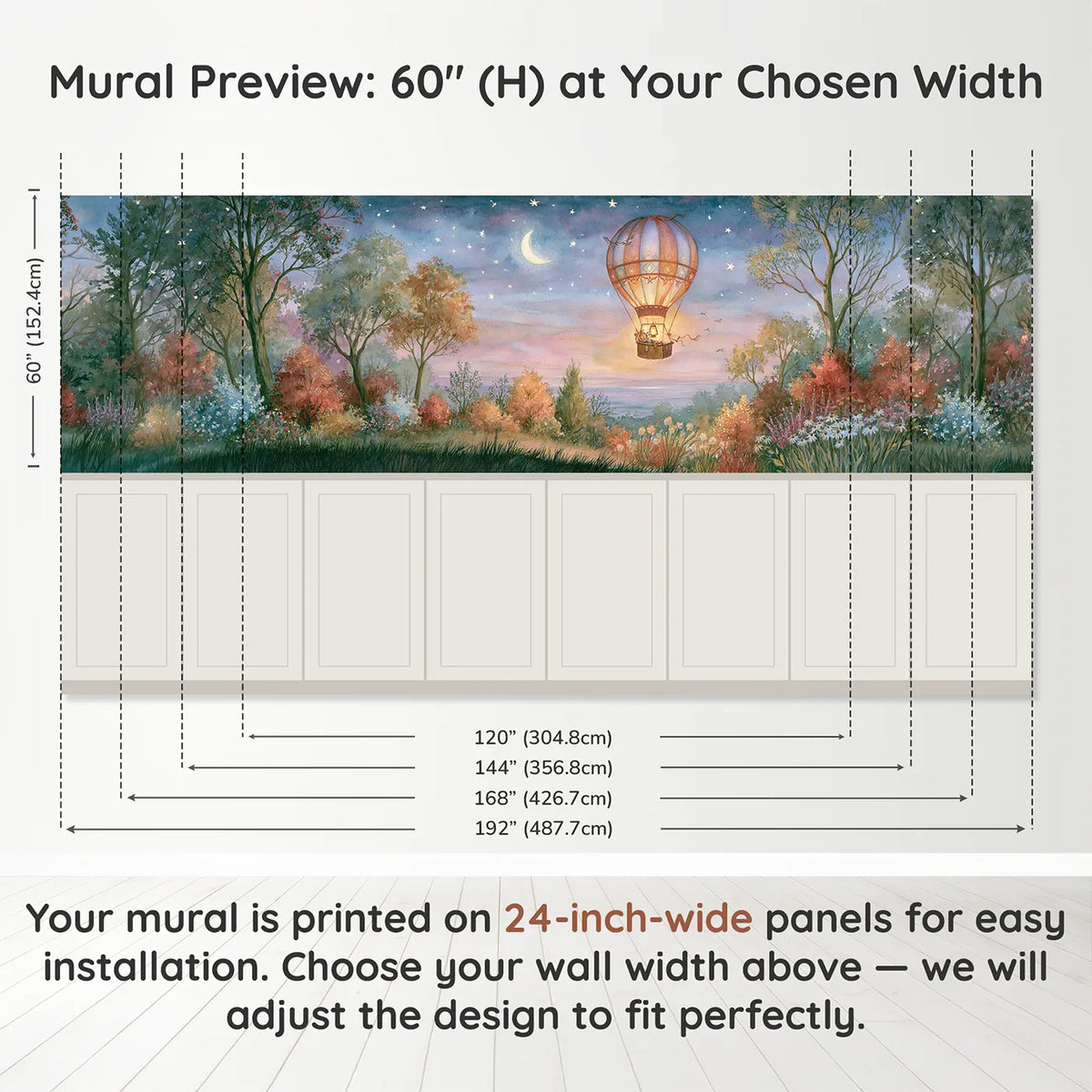 Panel dimensions for Balloon Coming Home Stars Wainscoting Wallpaper by Whimsy Tots