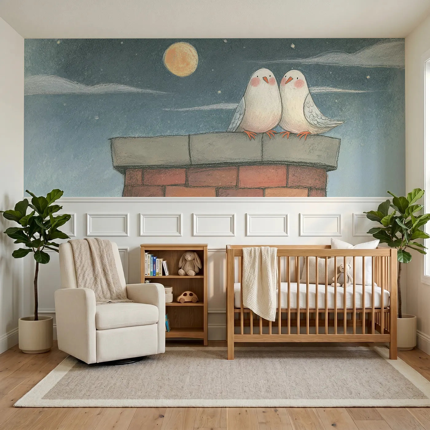 Colored pencil wainscoting wallpaper of doves settling at moonrise by Whimsy Tots