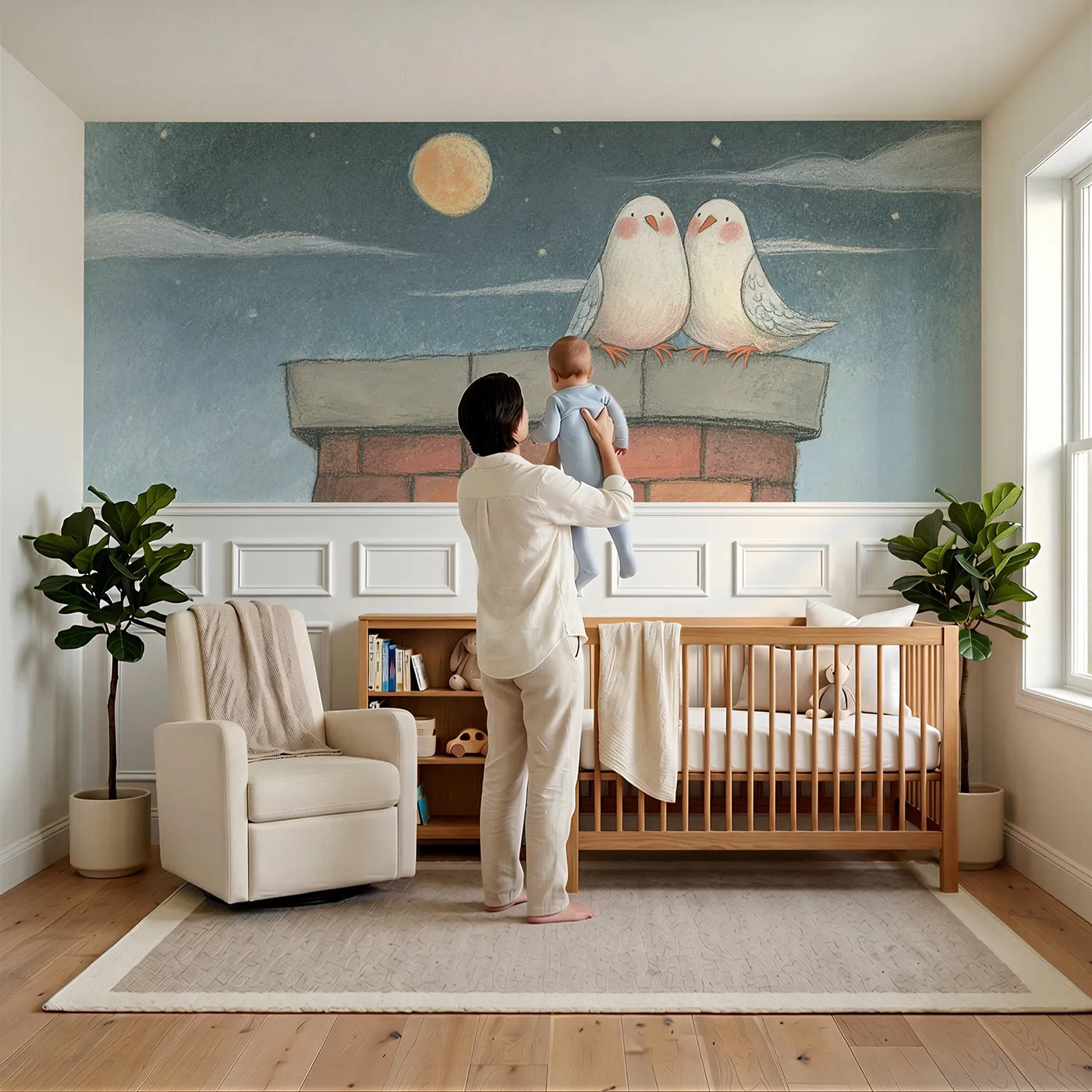 Child reading near Doves Settling At Moonrise Wainscoting Wallpaper by Whimsy Tots