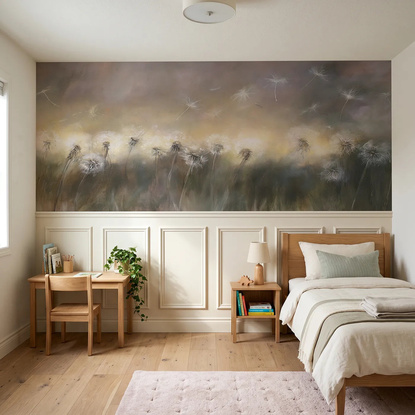 Watercolor wainscoting wallpaper of dandelion seeds drifting at dusk by Whimsy Tots