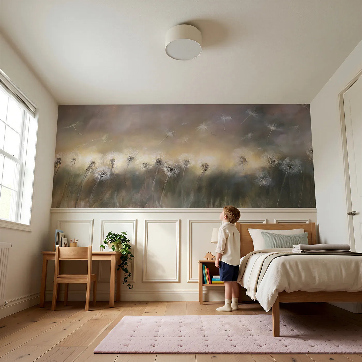 Child reading near Dandelion Seeds Evening Drift Wainscoting Wallpaper by Whimsy Tots
