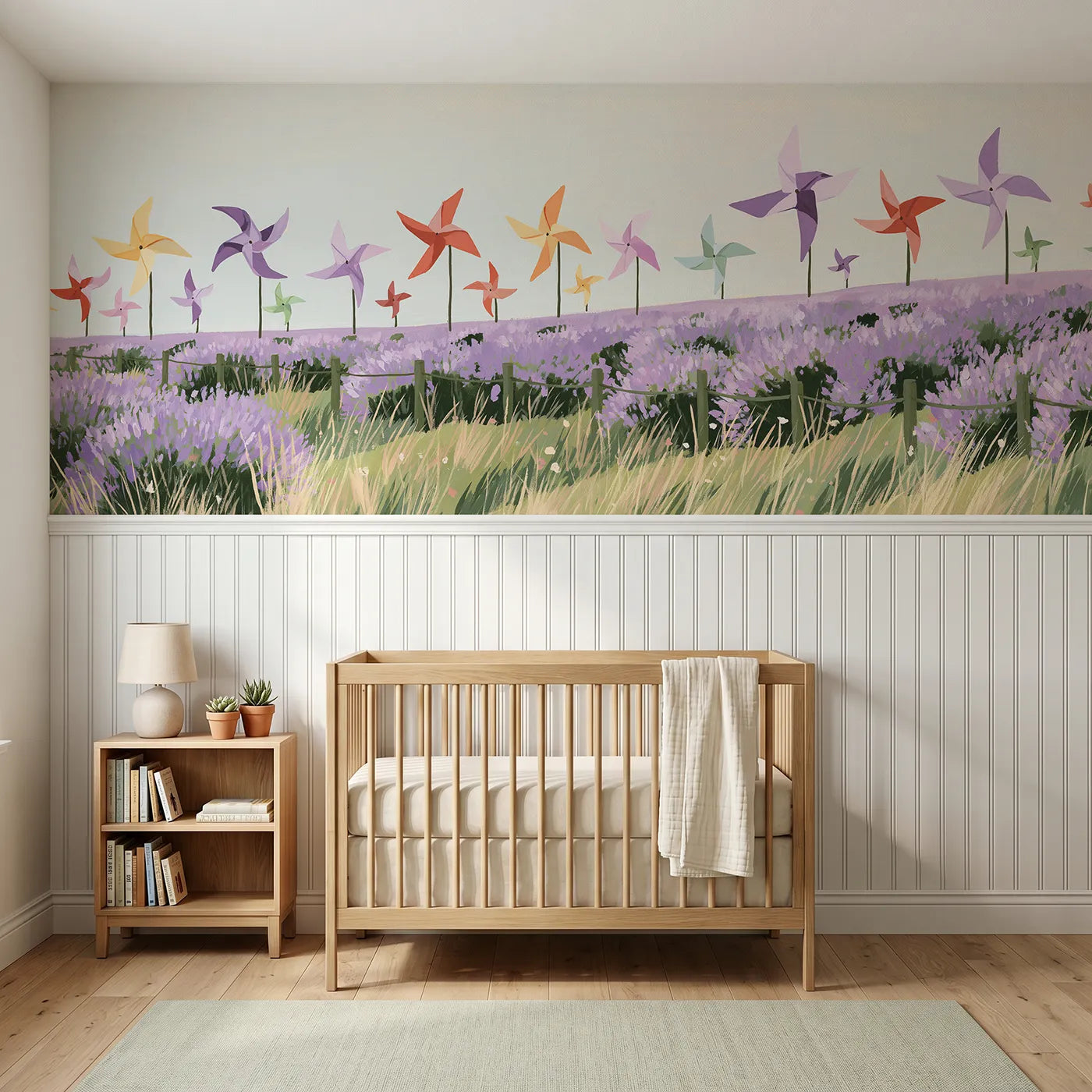 Modern illustration wainscoting wallpaper of pinwheels in a lavender field by Whimsy Tots