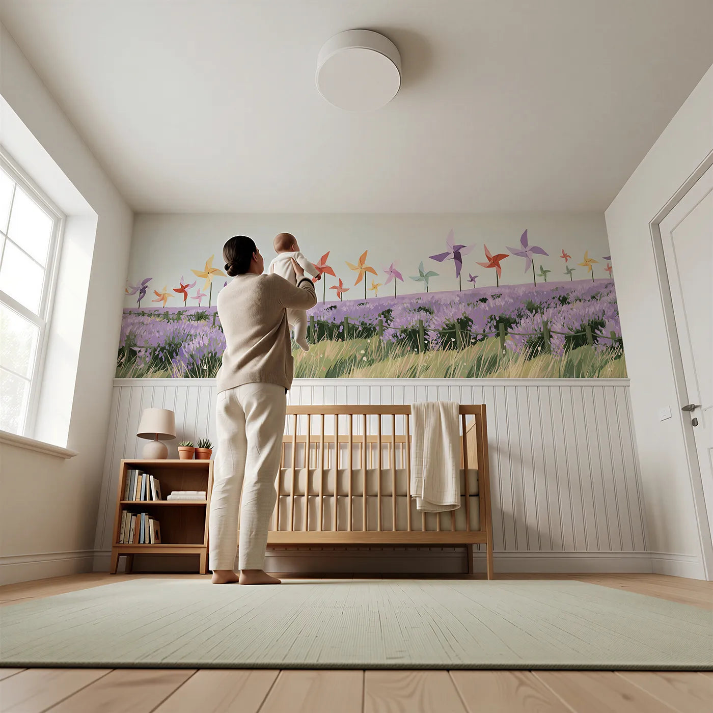 Child reading near Pinwheels In The Breeze Wainscoting Wallpaper by Whimsy Tots