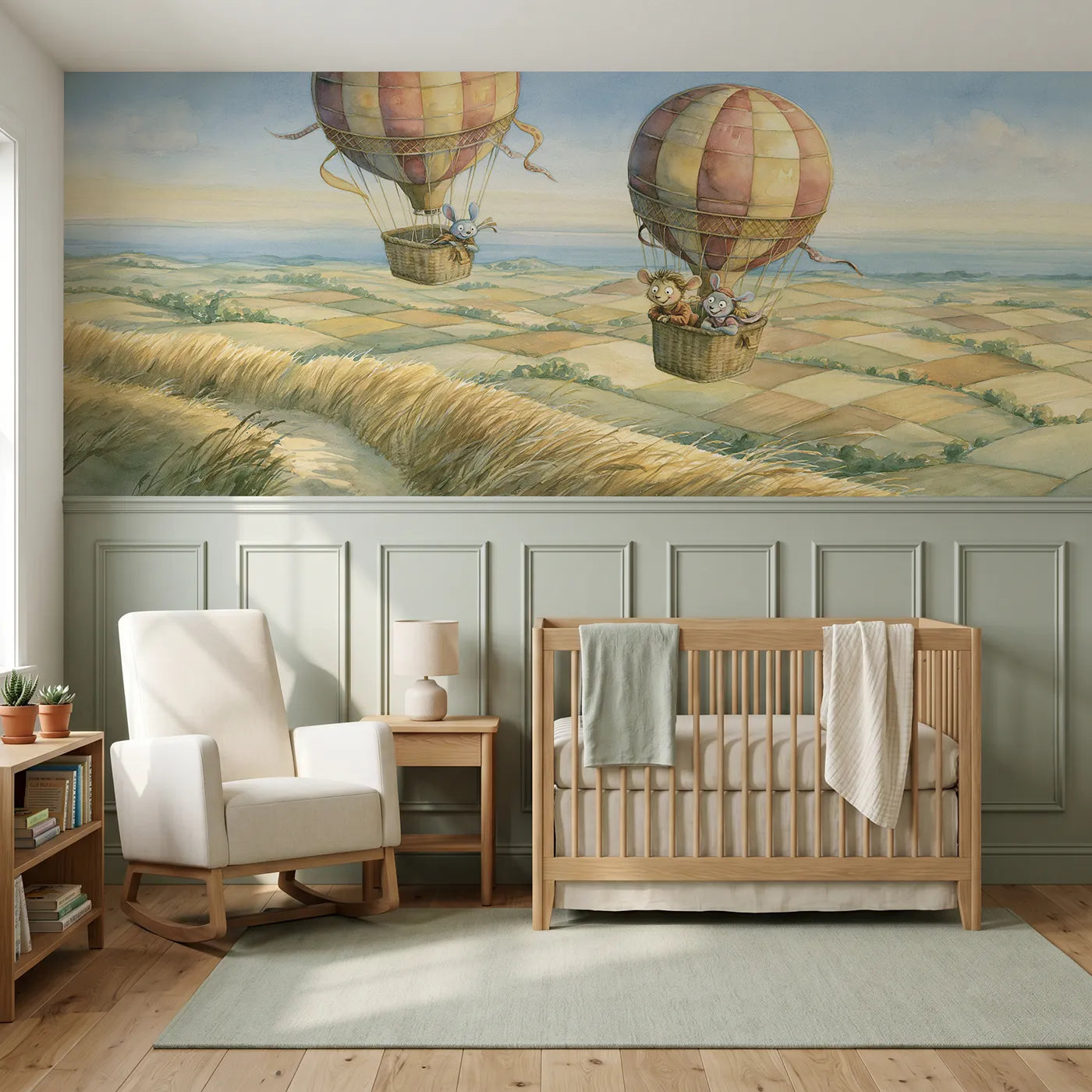 Storybook wainscoting wallpaper of two balloons over patchwork fields by Whimsy Tots