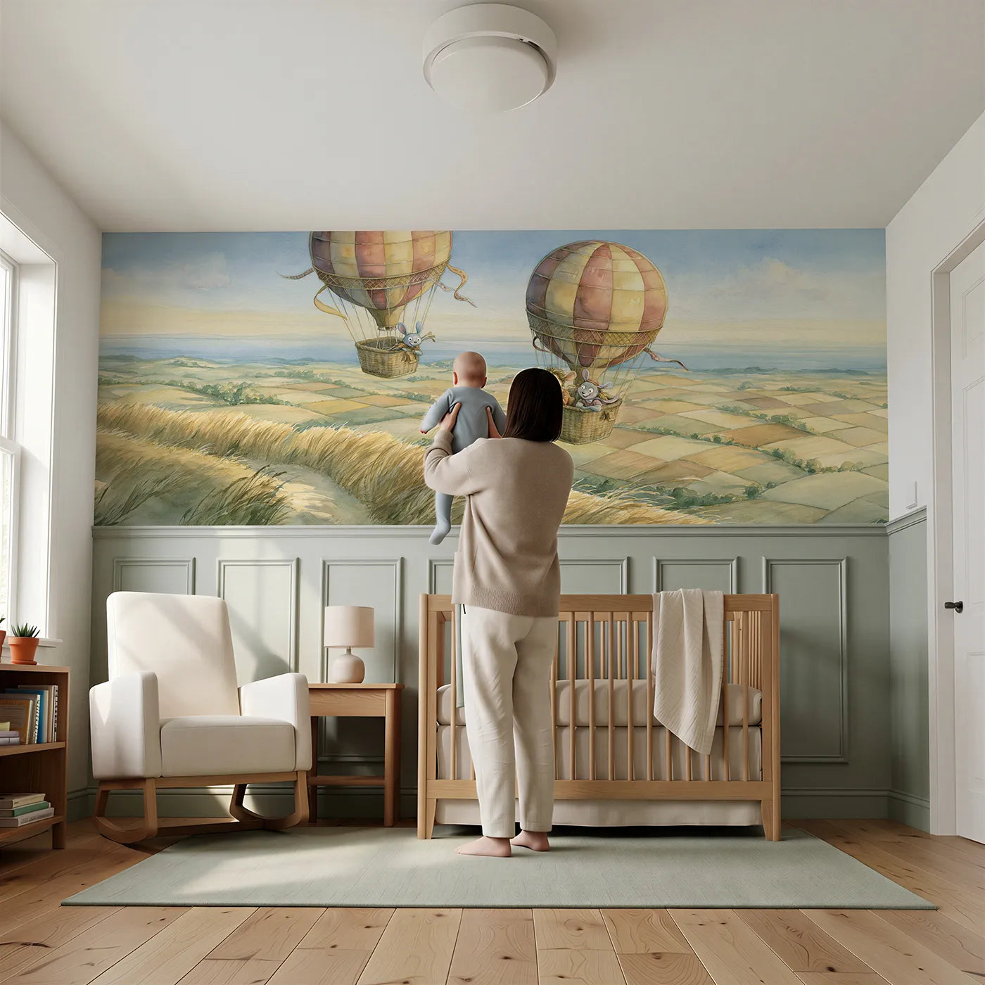 Child reading near Balloon Pair Patchwork Fields Wainscoting Wallpaper by Whimsy Tots