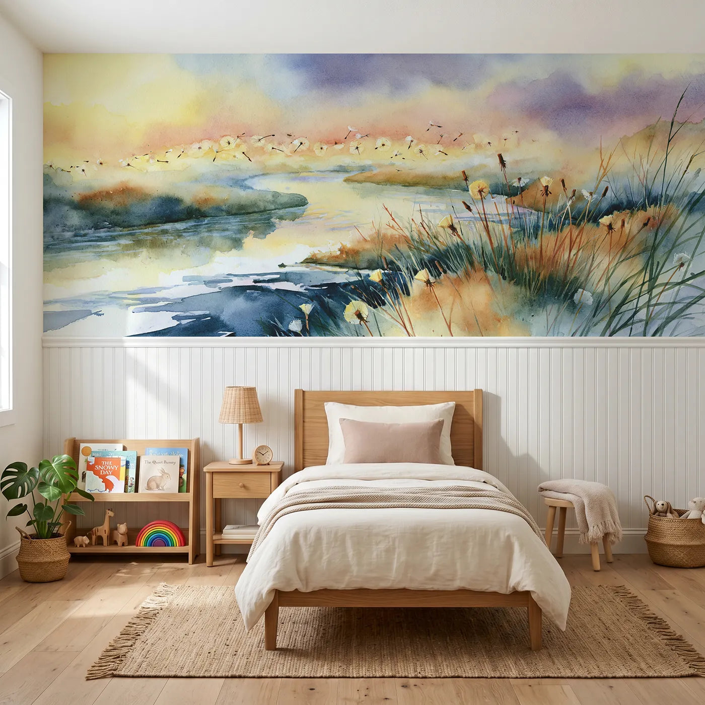 Watercolor wainscoting wallpaper of dandelion seeds at river dawn by Whimsy Tots