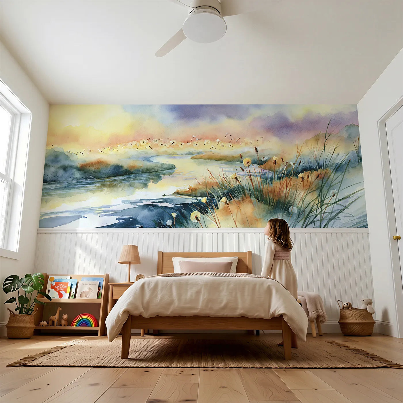 Child reading near Dandelion Morning River Light Wainscoting Wallpaper by Whimsy Tots