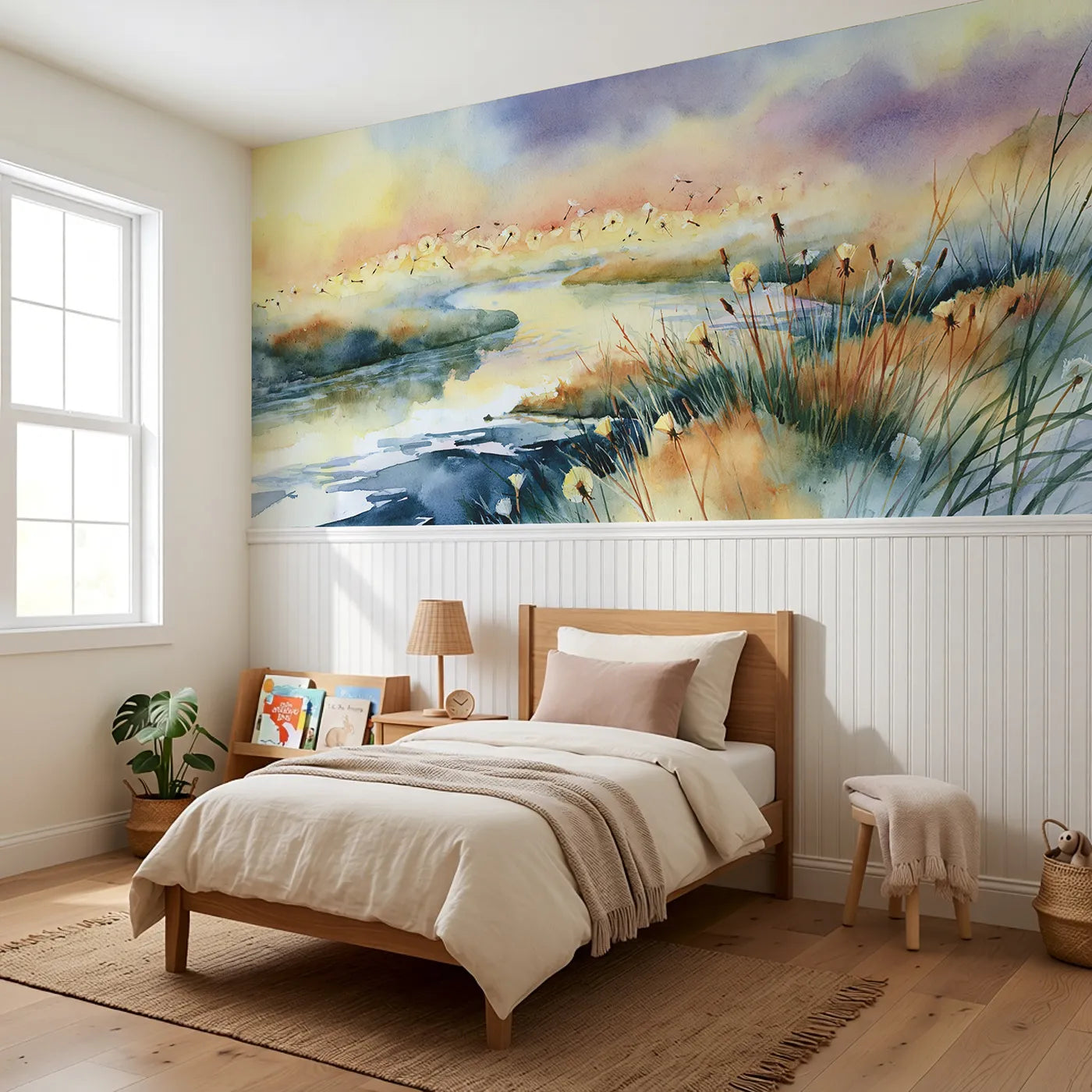 Dandelion Morning River Light Wainscoting Wallpaper styled in a kids room by Whimsy Tots