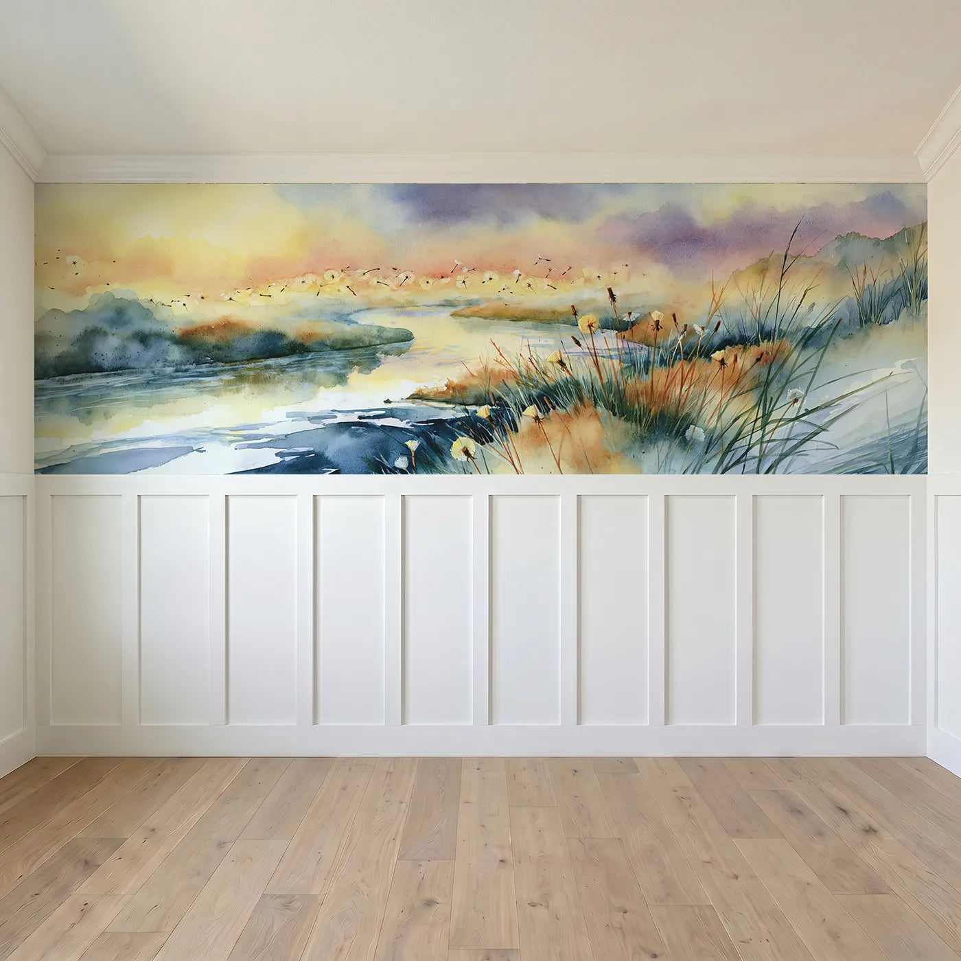 Full panel view of Dandelion Morning River Light Wainscoting Wallpaper by Whimsy Tots