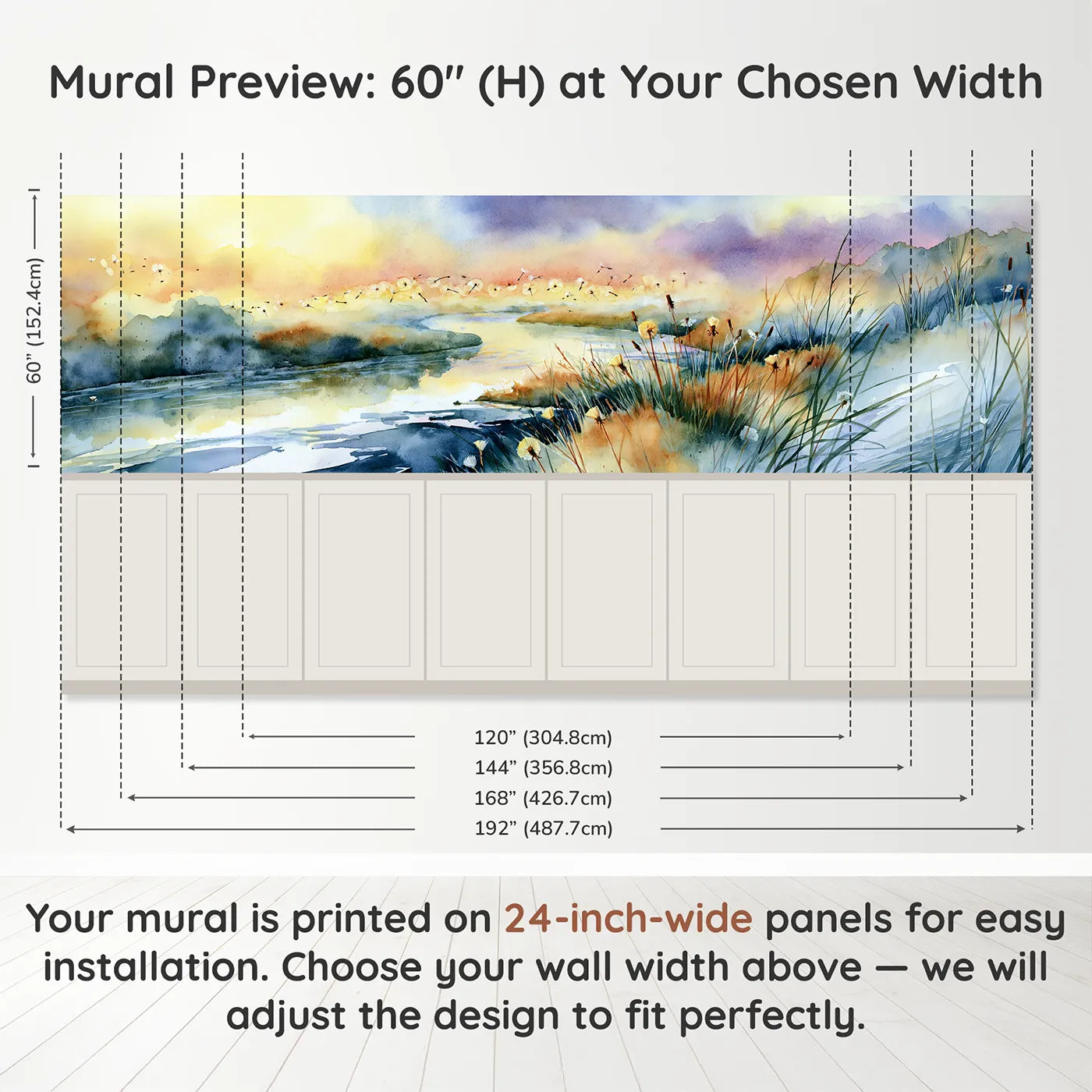Panel dimensions for Dandelion Morning River Light Wainscoting Wallpaper by Whimsy Tots