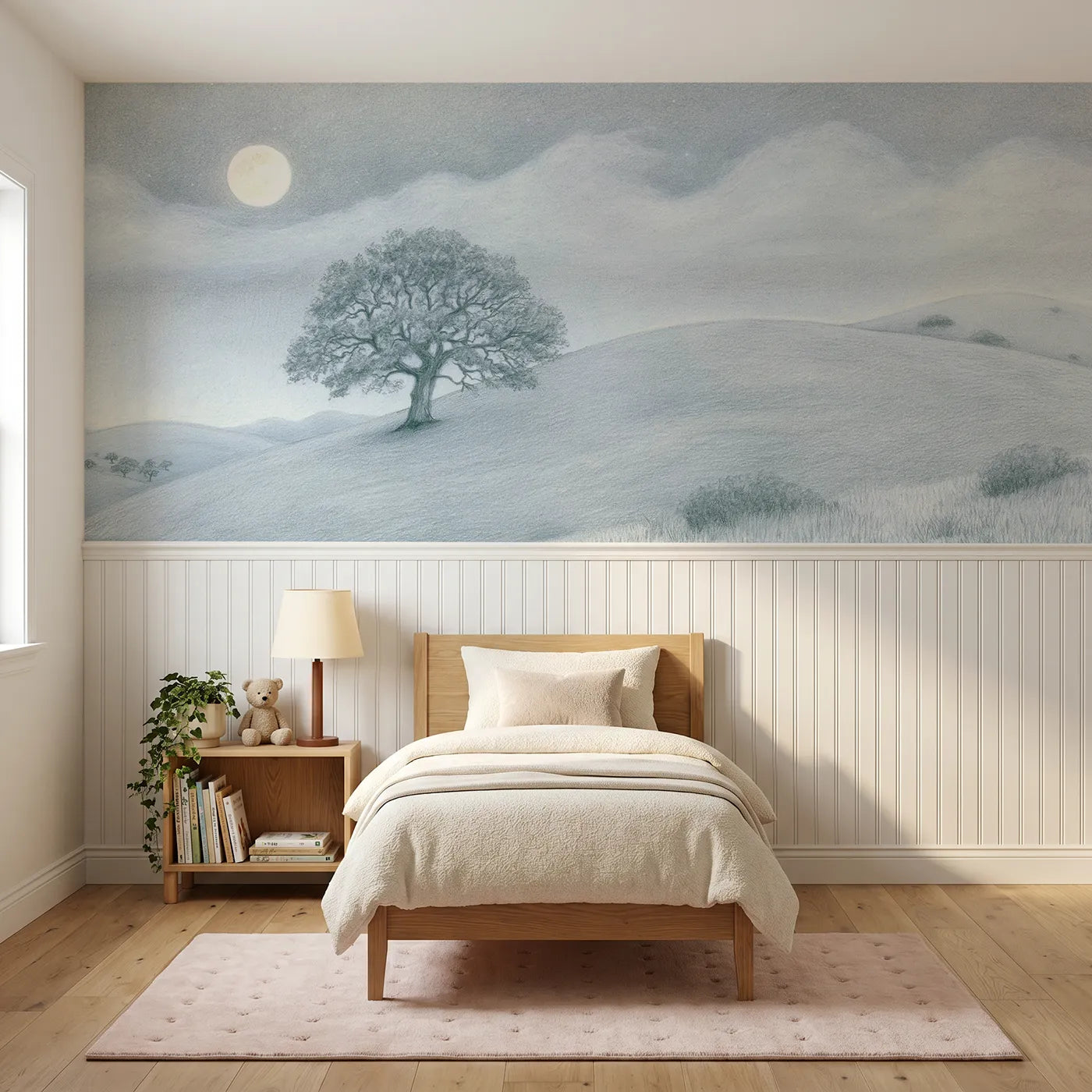 Colored pencil wainscoting wallpaper of clouds crossing a moon and oak by Whimsy Tots