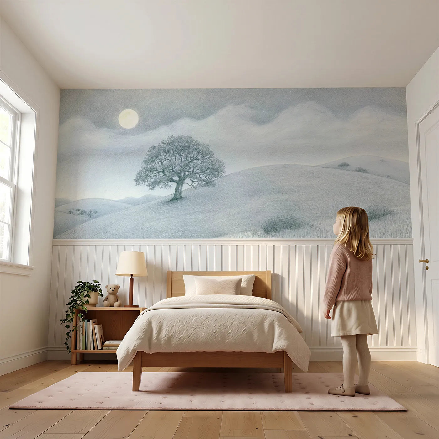 Child reading near Clouds Cross The Moon Wainscoting Wallpaper by Whimsy Tots