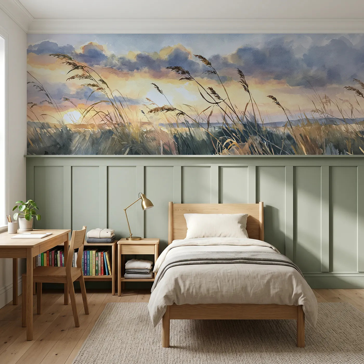 Watercolor wainscoting wallpaper of sky through tall meadow grass by Whimsy Tots