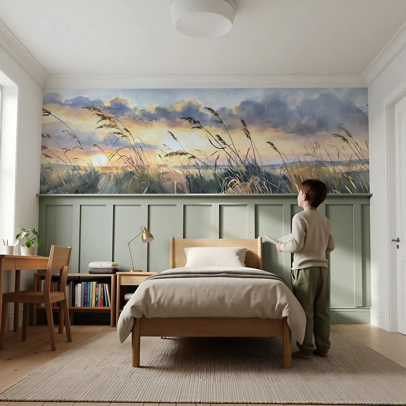 Child reading near Sky Through Tall Grass Wainscoting Wallpaper by Whimsy Tots
