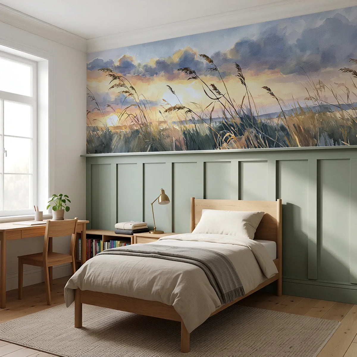 Sky Through Tall Grass Wainscoting Wallpaper styled in a kids room by Whimsy Tots