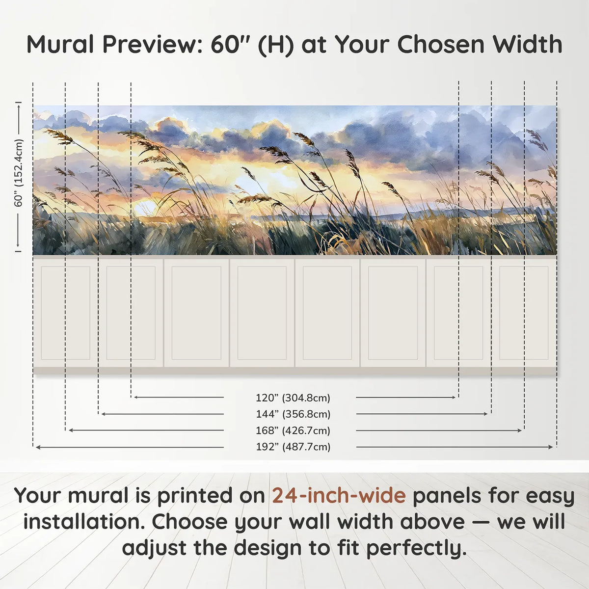 Panel dimensions for Sky Through Tall Grass Wainscoting Wallpaper by Whimsy Tots