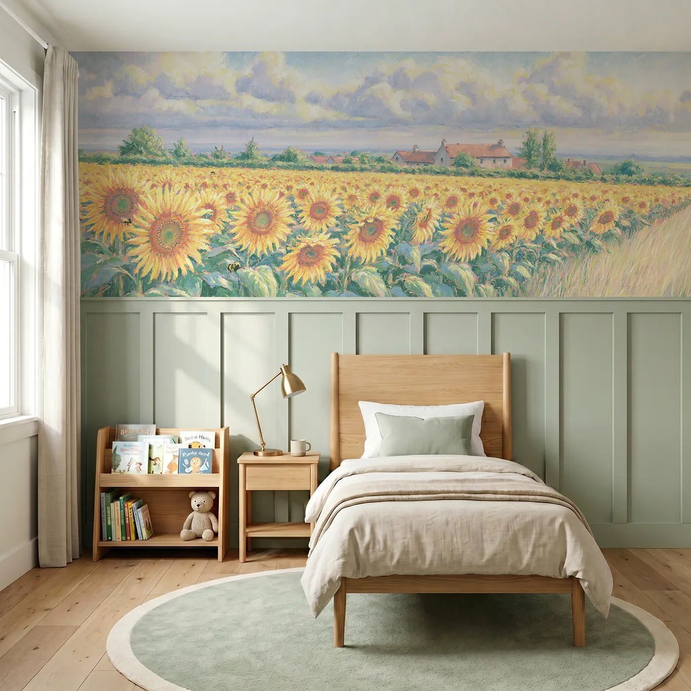 Colored pencil wainscoting wallpaper of sunflowers under clearing sky by Whimsy Tots
