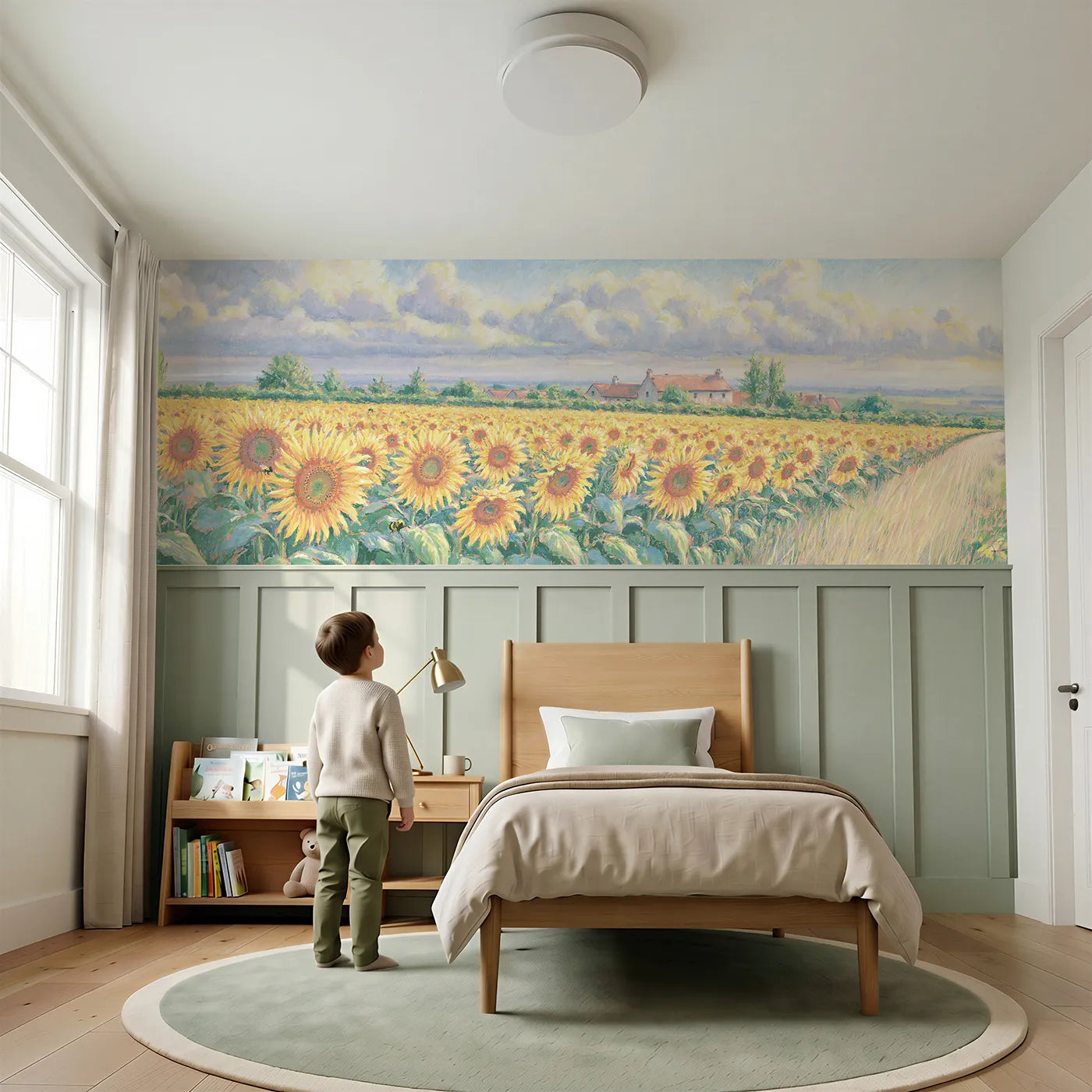 Child reading near Clearing Sky Over Sunflowers Wainscoting Wallpaper by Whimsy Tots