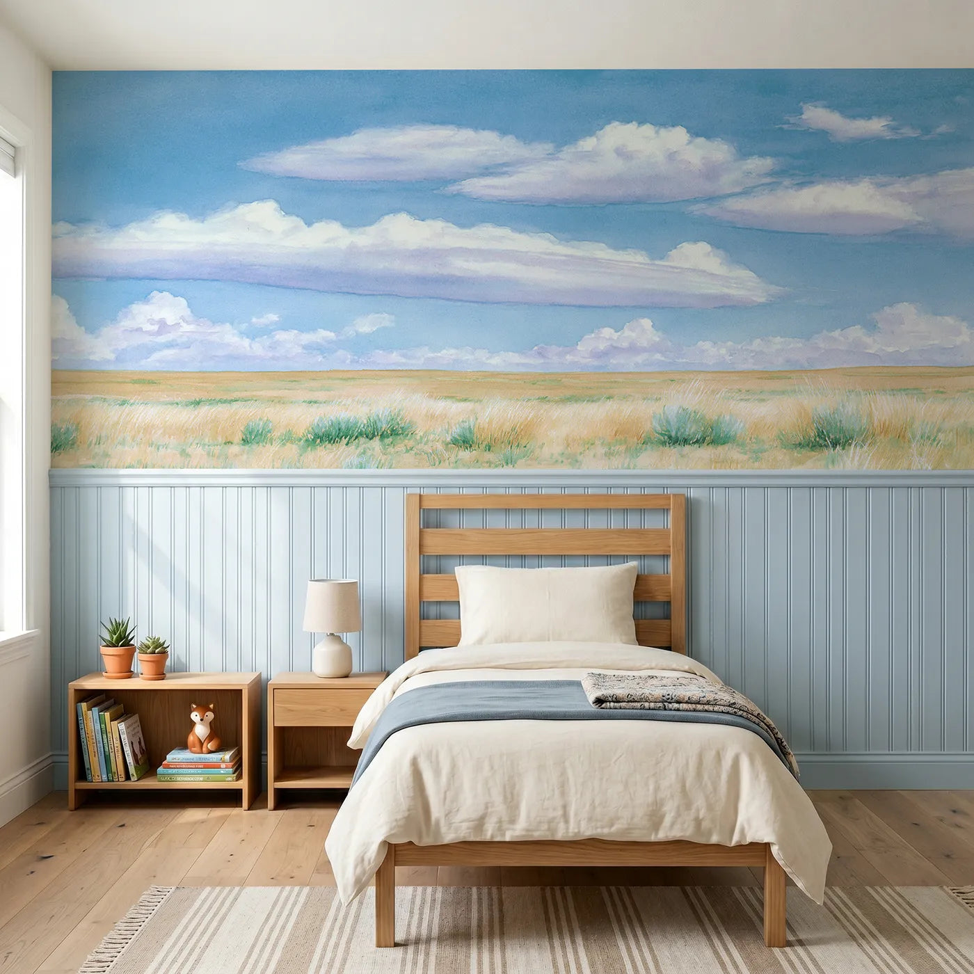 Soft pastel wainscoting wallpaper of stacked lens clouds at noon by Whimsy Tots