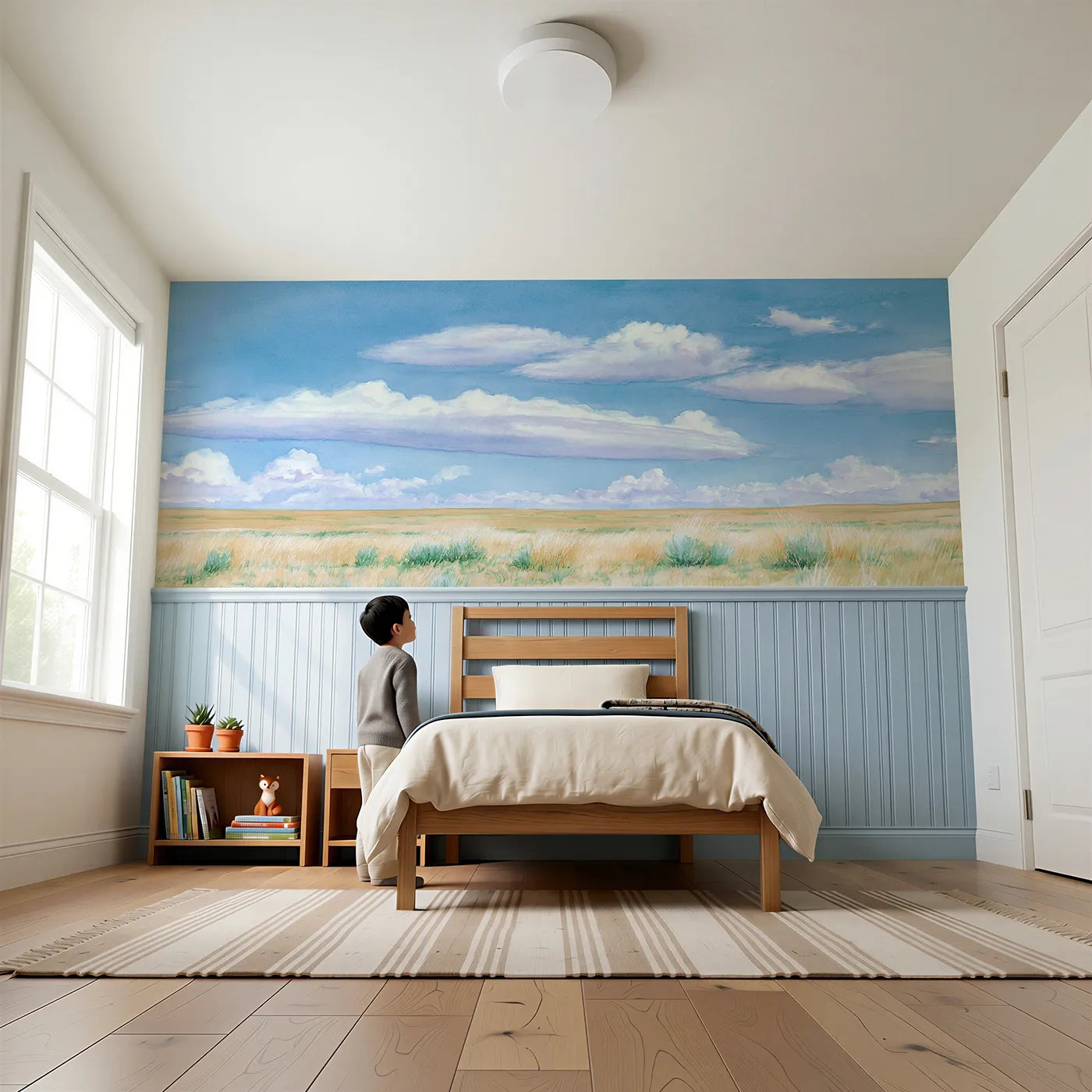 Child reading near Lens Clouds Quiet Noon Wainscoting Wallpaper by Whimsy Tots