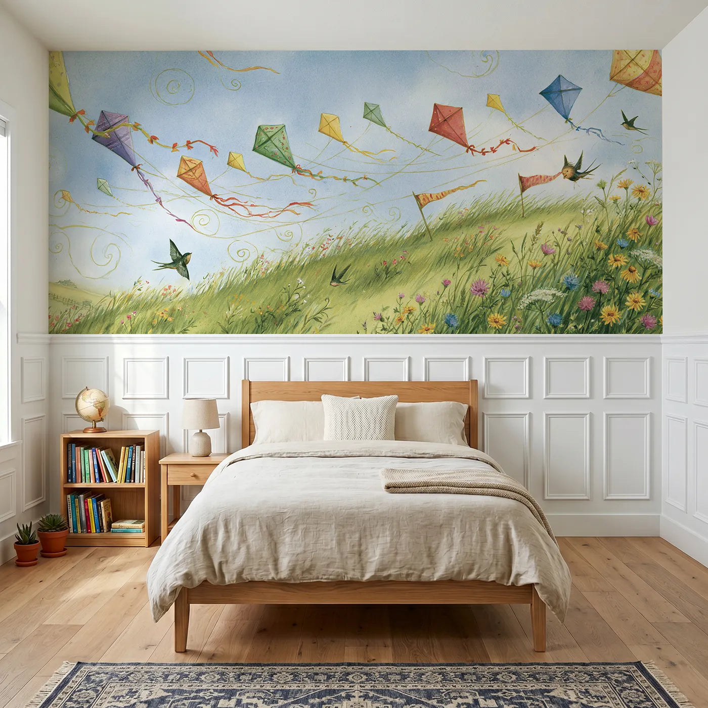 Storybook wainscoting wallpaper of a sky full of colorful kites by Whimsy Tots