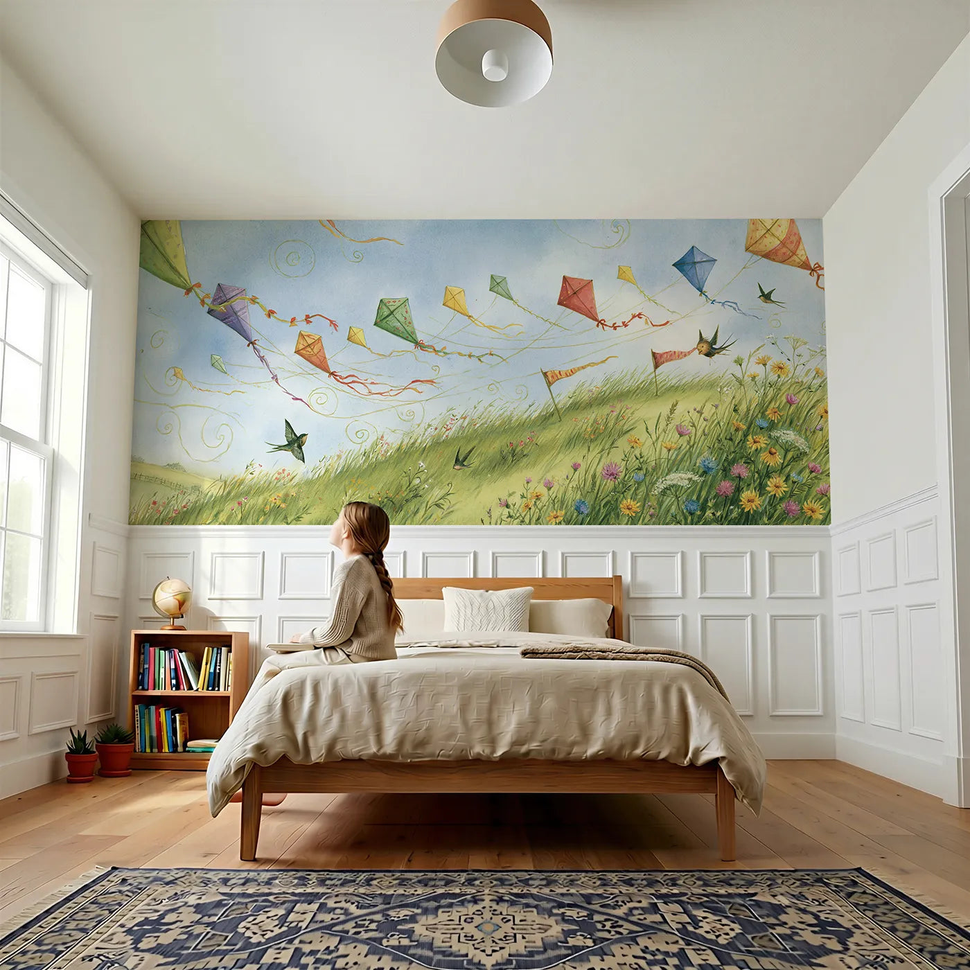 Child reading near A Sky Full Of Kites Wainscoting Wallpaper by Whimsy Tots