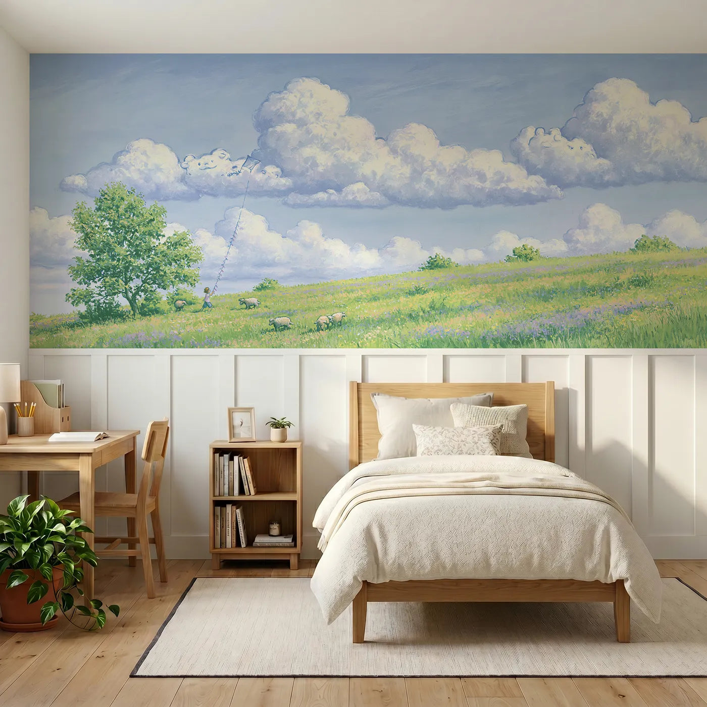 Colored pencil wainscoting mural of puffy clouds over a meadow by Whimsy Tots