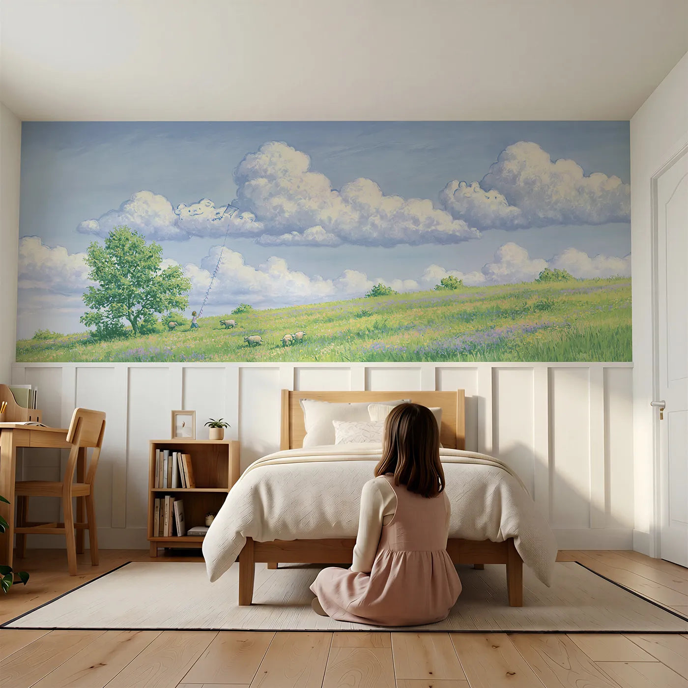 Child reading near Puffy Clouds Over The Meadow Wainscoting Wallpaper by Whimsy Tots