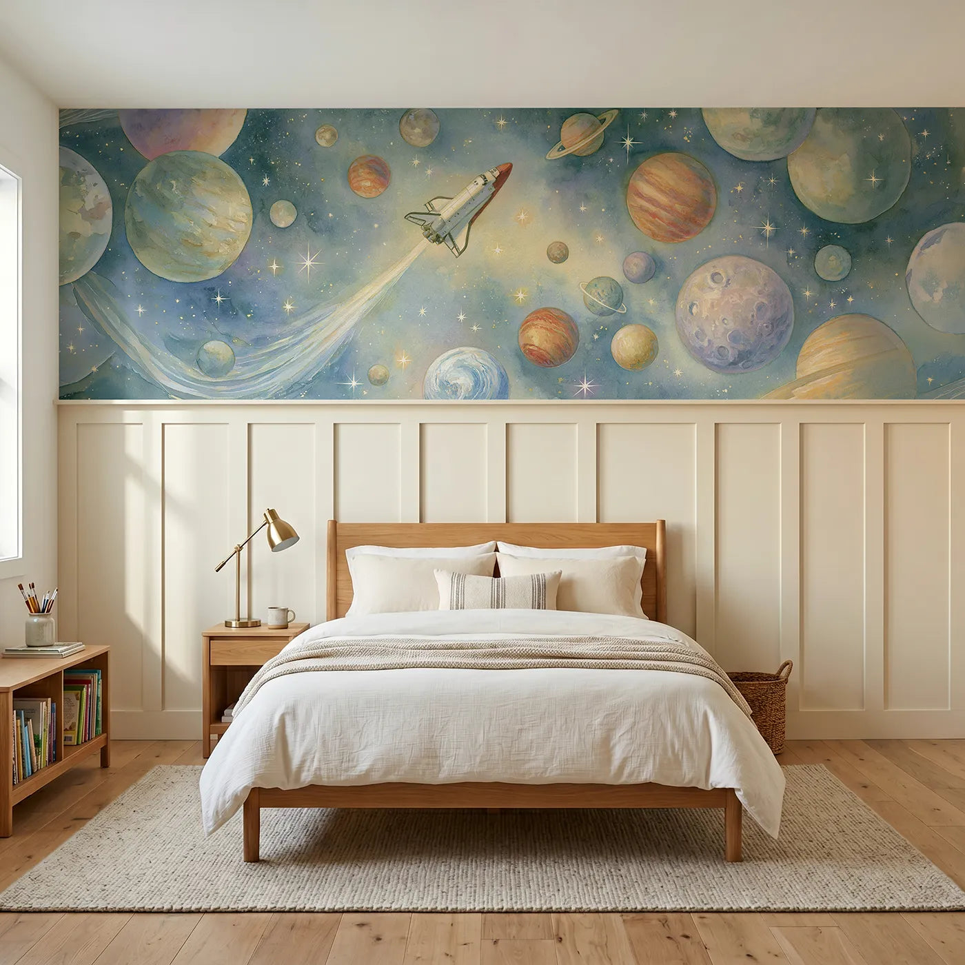 Storybook wainscoting wallpaper of a rocket gliding among soft stars by Whimsy Tots