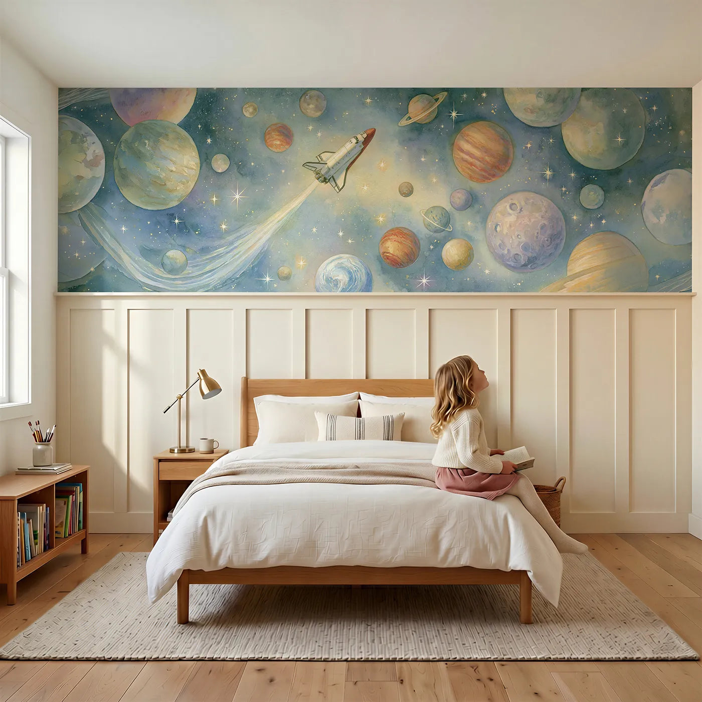 Child reading near Rocket Quiet Star Glide Wainscoting Wallpaper by Whimsy Tots