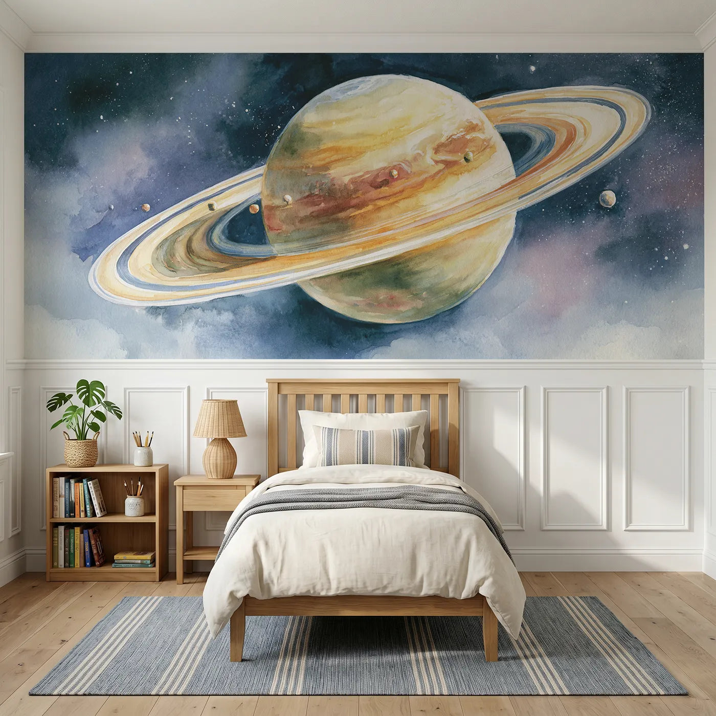 Watercolor wainscoting wallpaper of a ringed planet with tiny moons by Whimsy Tots