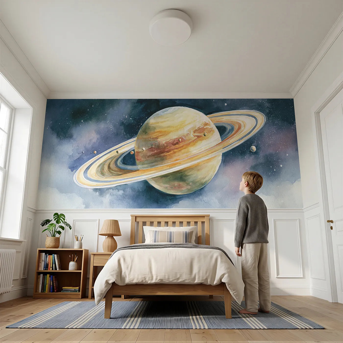 Child reading near Ringed Planet Tiny Moons Wainscoting Wallpaper by Whimsy Tots
