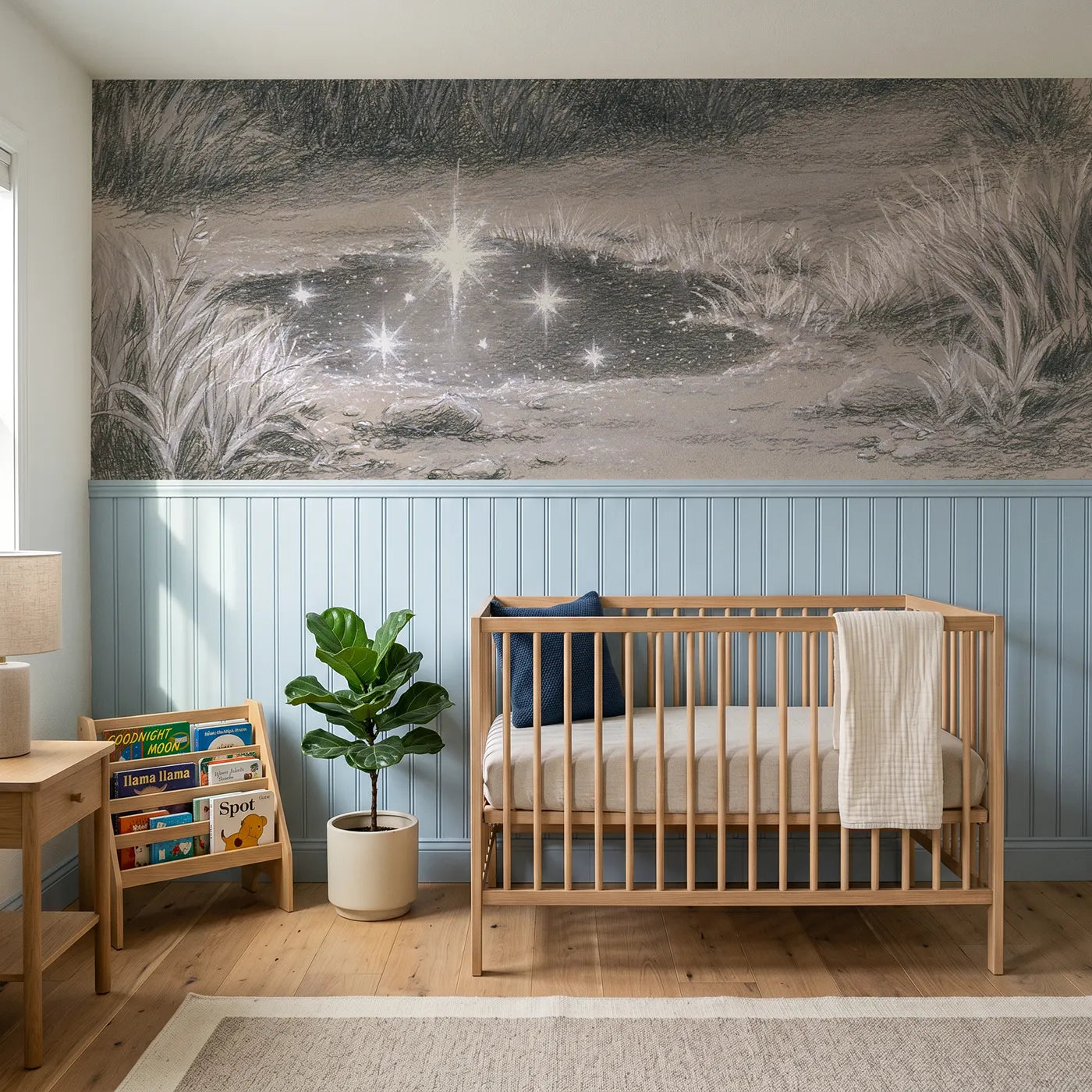 Colored pencil wainscoting wallpaper of stars caught in a puddle by Whimsy Tots