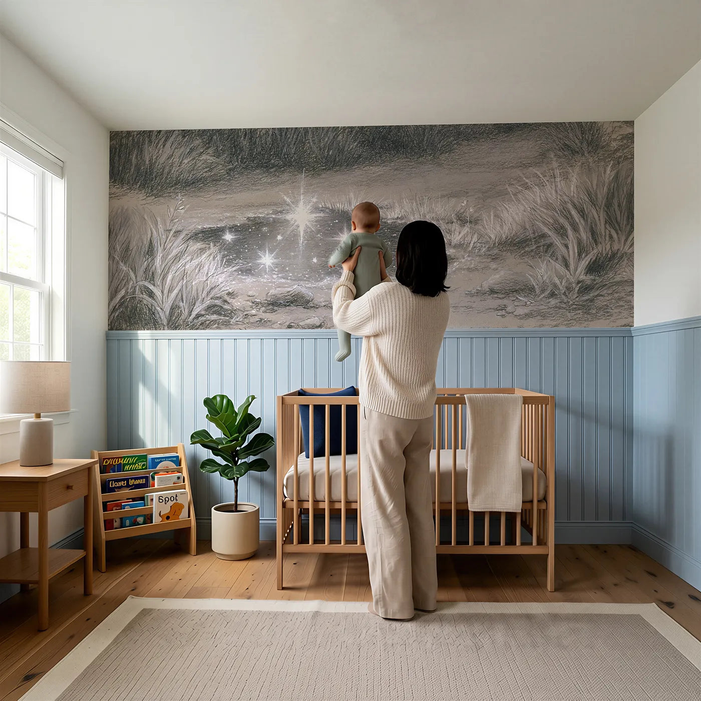 Child reading near Stars In The Puddle Wainscoting Wallpaper by Whimsy Tots