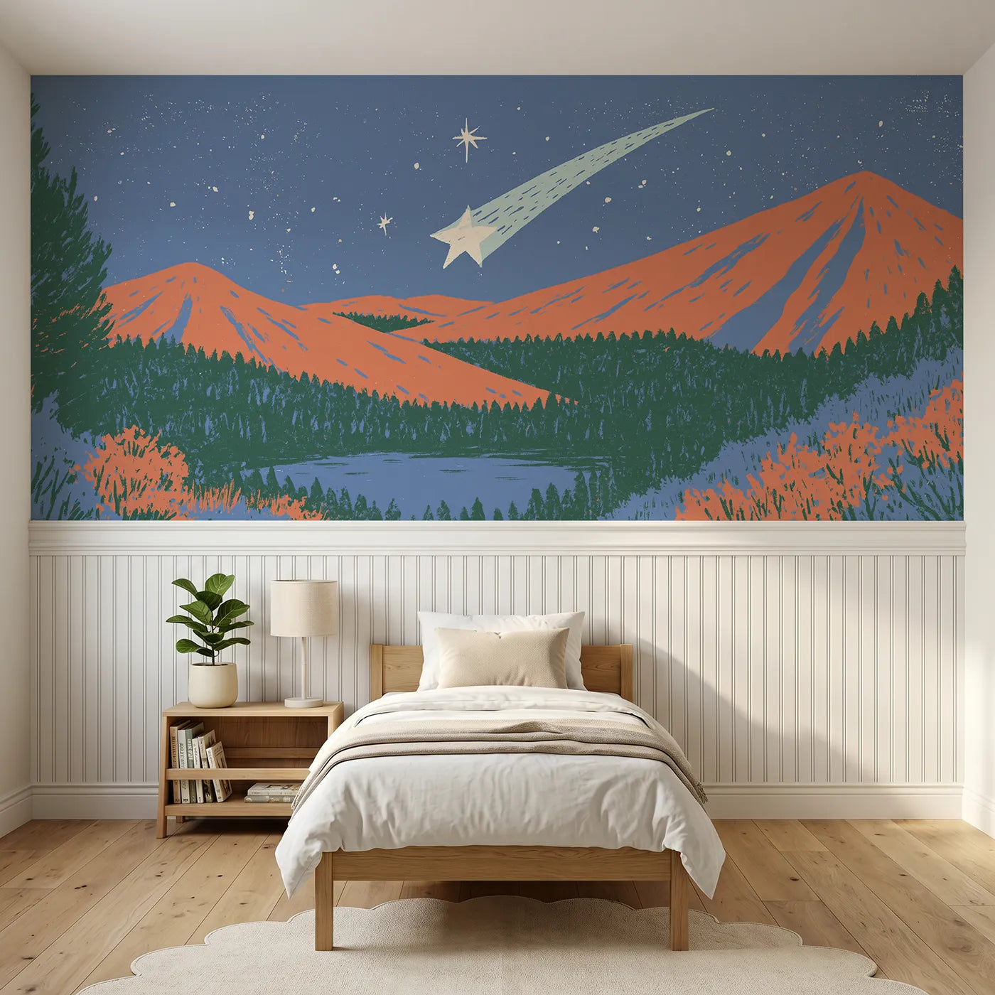 Block print wainscoting wallpaper of a carved shooting star by Whimsy Tots